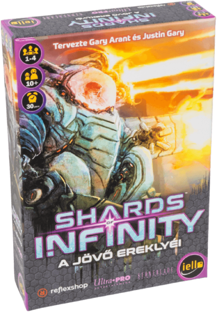'Shards of Infinity' című játék doboza. A dobozon szöveg és karakterek képei láthatók.