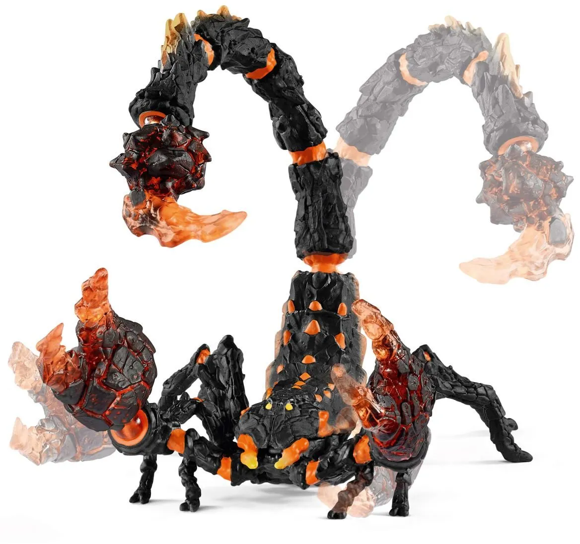 Ein schwarz-oranges Skorpion-Spielzeug in mehreren Positionen, das seinen segmentierten Körper und seine Zangen zeigt.