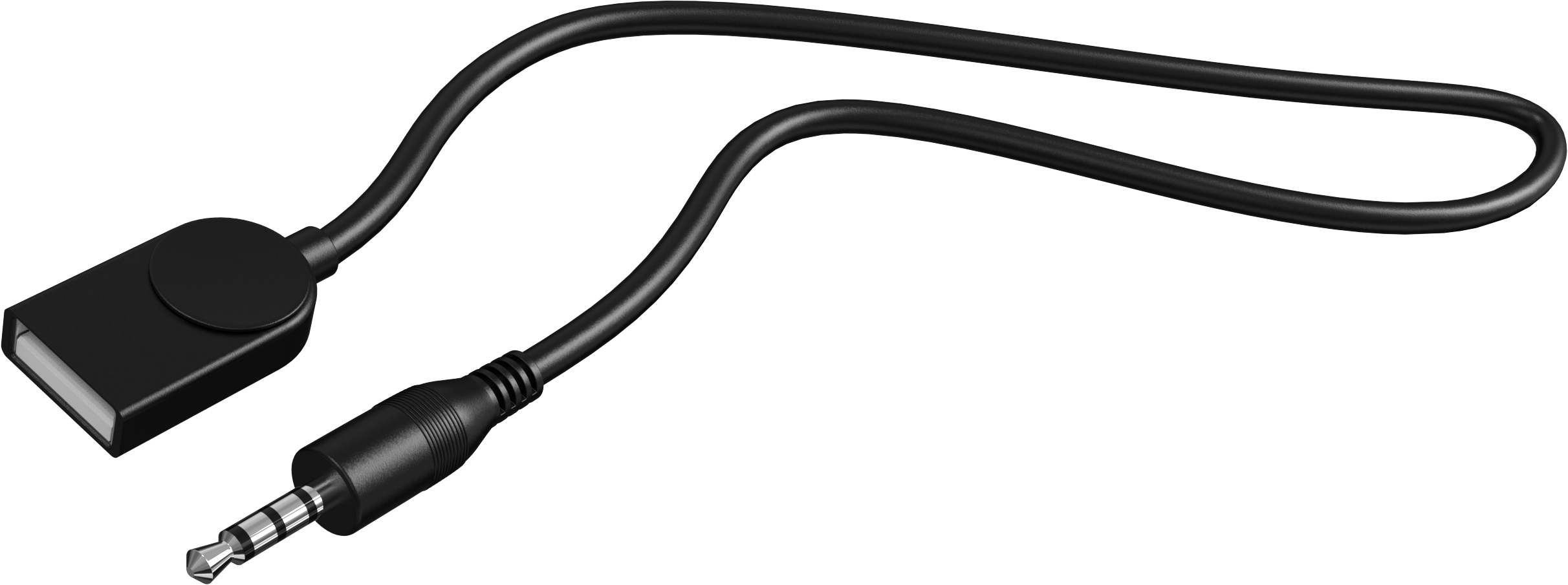 Schwarzes Audiokabel mit USB-Anschluss und 3,5-mm-Klinke. Weißer Hintergrund.