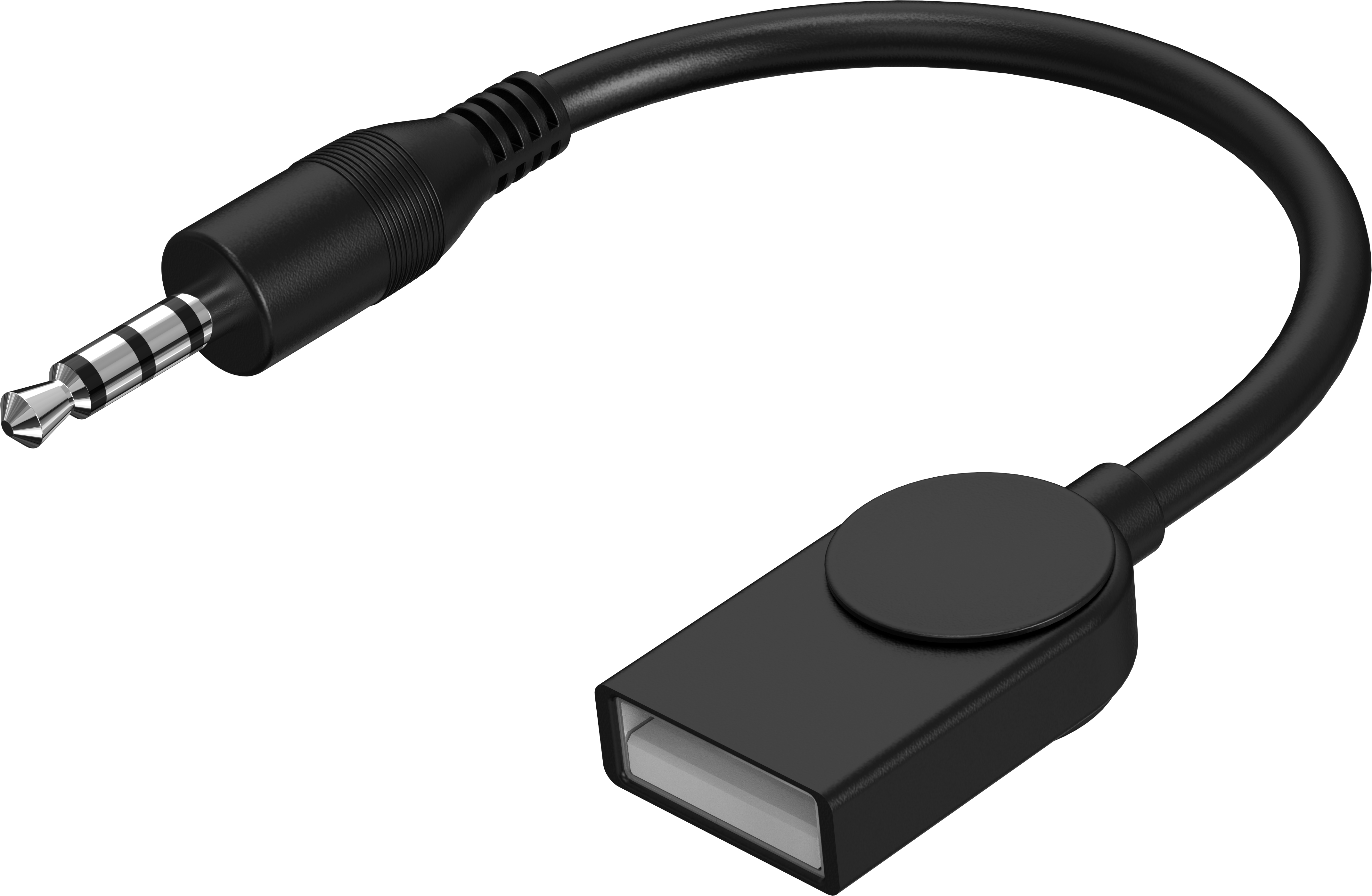 Schwarzes USB-auf-3,5-mm-Adapterkabel mit USB-A-Anschluss und 3,5-mm-Klinkenstecker.