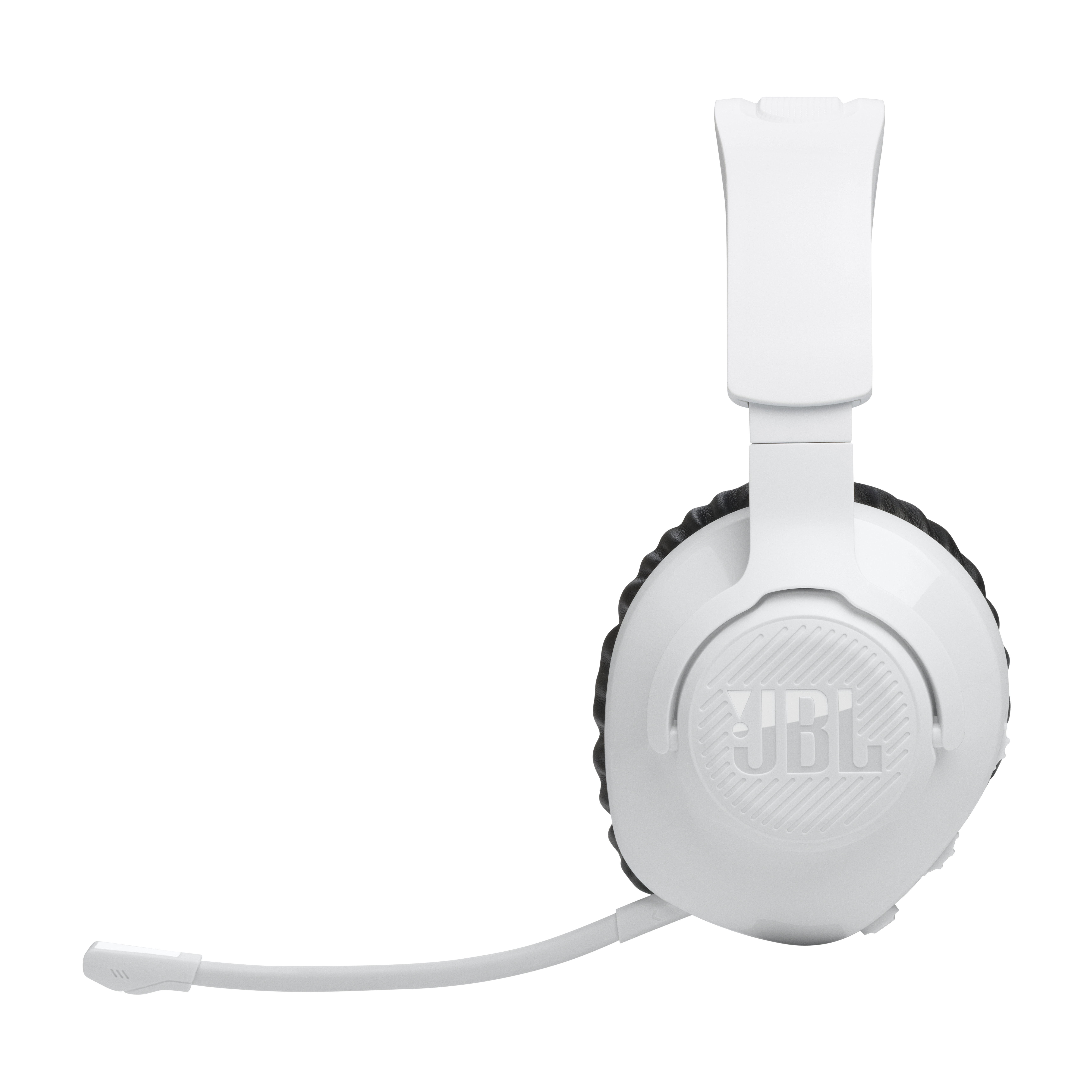 Mikrofonlu beyaz bir JBL kulaklık. Beyaz bir arka plan üzerinde.