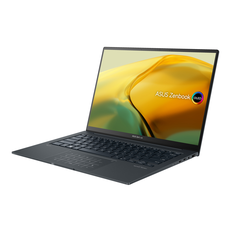 Portátil ASUS Zenbook S, color gris, abierto sobre fondo blanco.