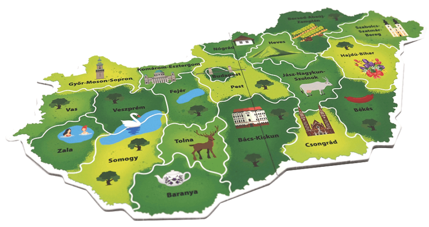 Magyarország alakú puzzle, amely régióit és ikonjait mutatja.