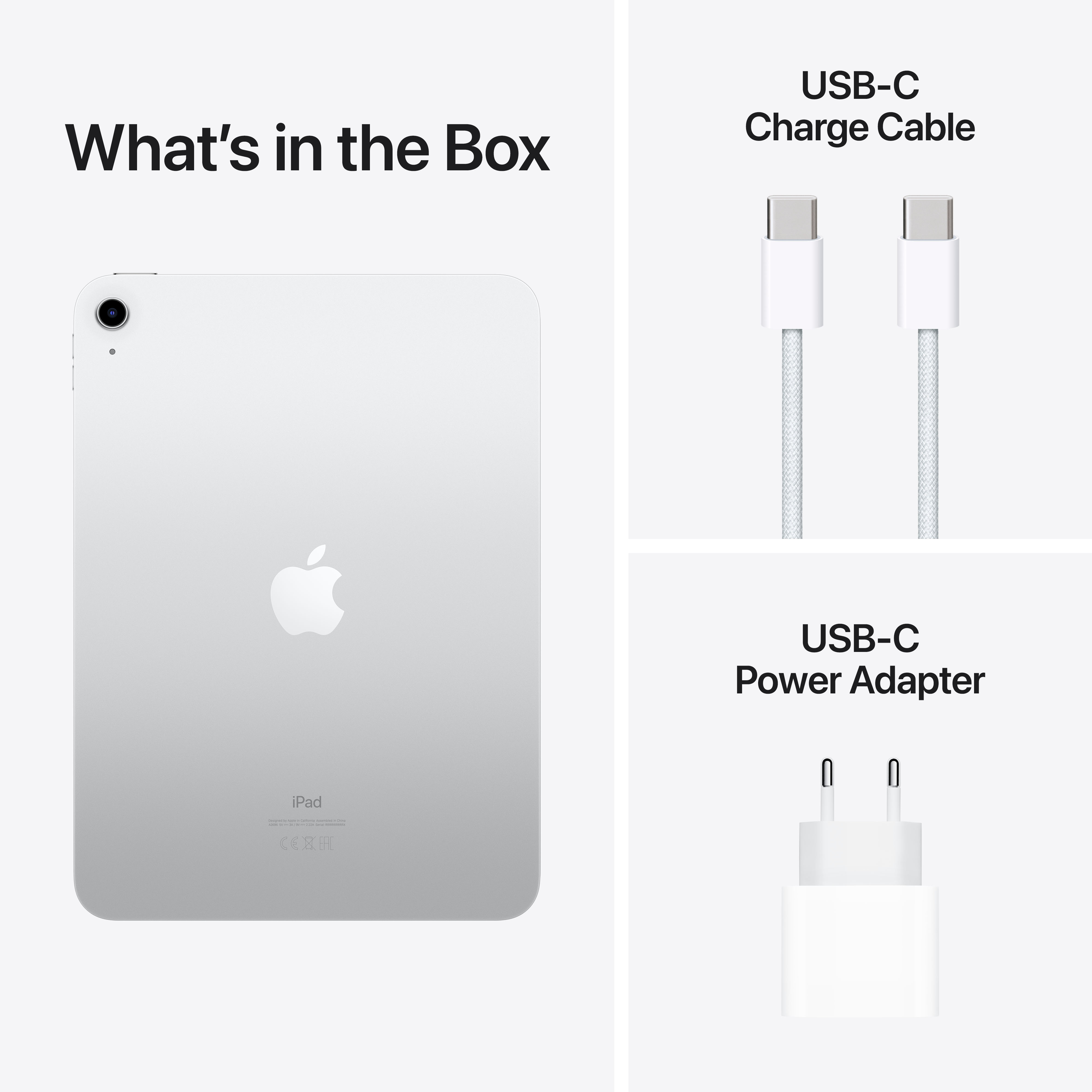 Ein iPad, ein USB-C-Kabel und ein USB-C-Netzteil sind in einer Box.