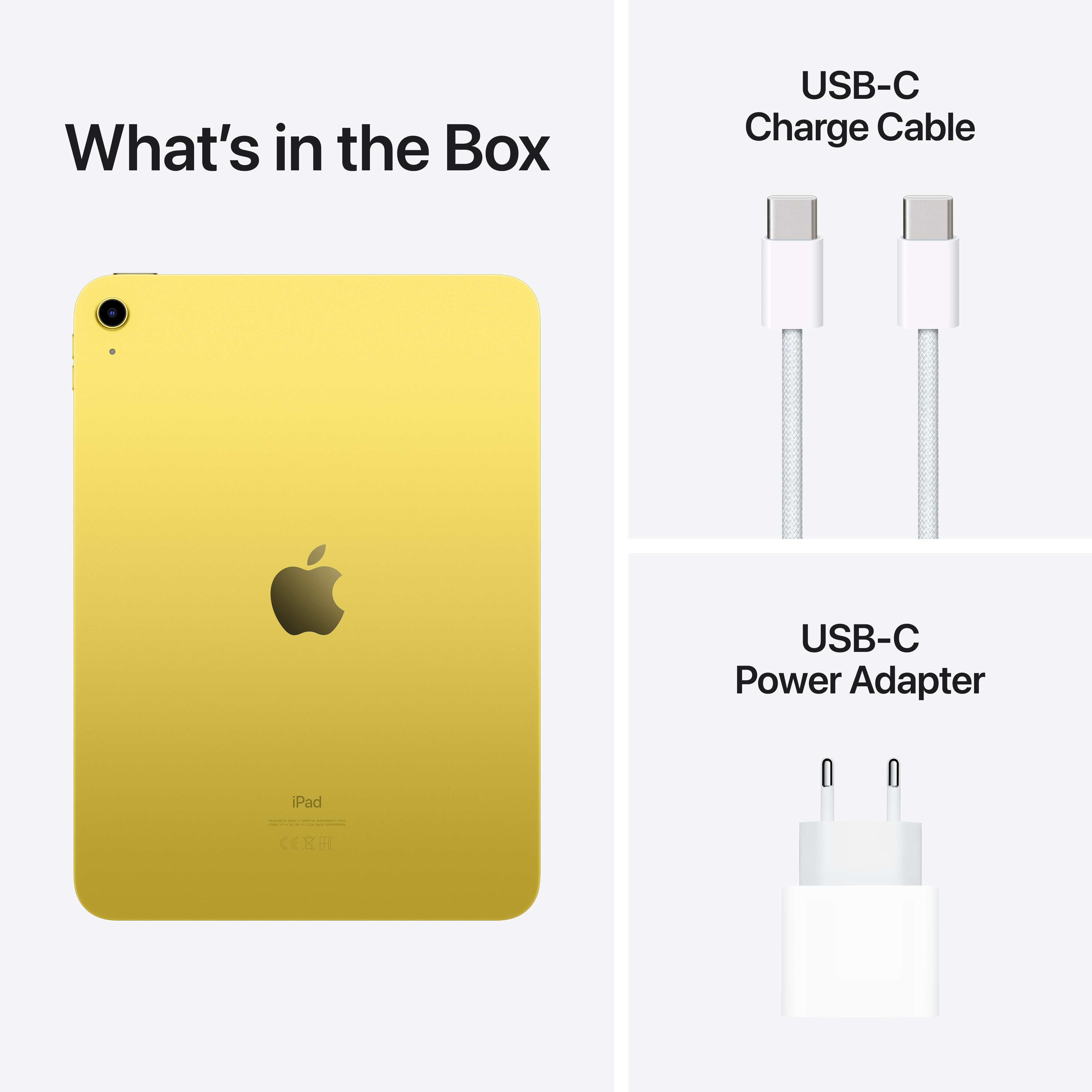 iPad jaune avec câble USB-C et adaptateur secteur inclus. Logo Apple visible sur l'appareil.