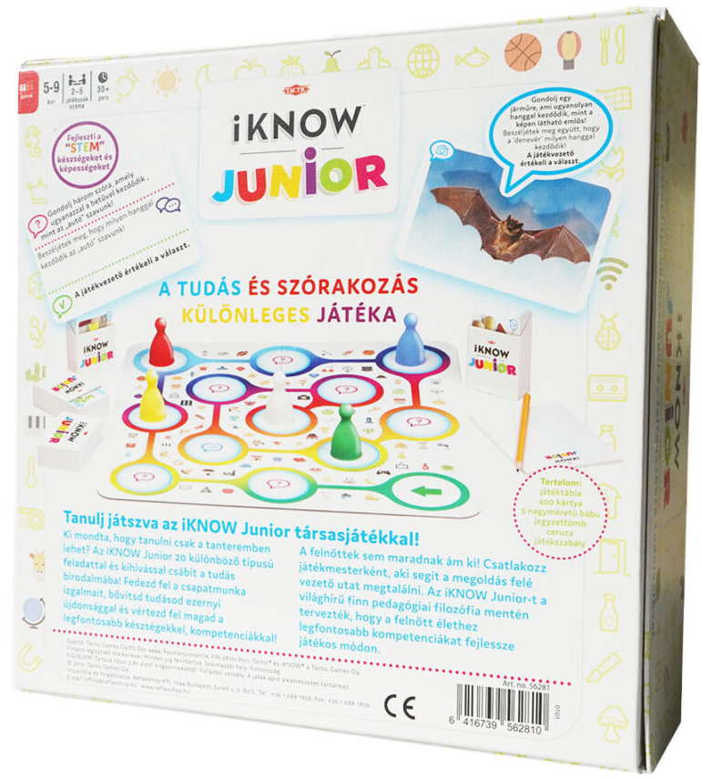 Egy társasjáték doboz hátulja. A játékelemeket, szöveget és illusztrációkat mutatja.