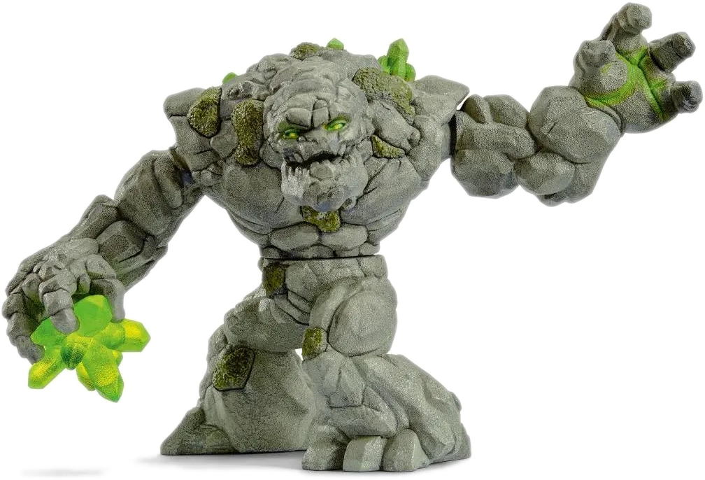 Ein Steinmonster-Spielzeug mit grünen Akzenten und einem grimmigen Gesichtsausdruck.