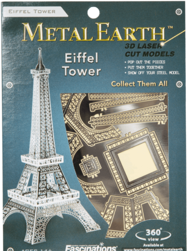 Egy csomag a Metal Earth Eiffel-torony modellkészlethez. A kész modellt és a szétszerelt alkatrészeket mutatja.