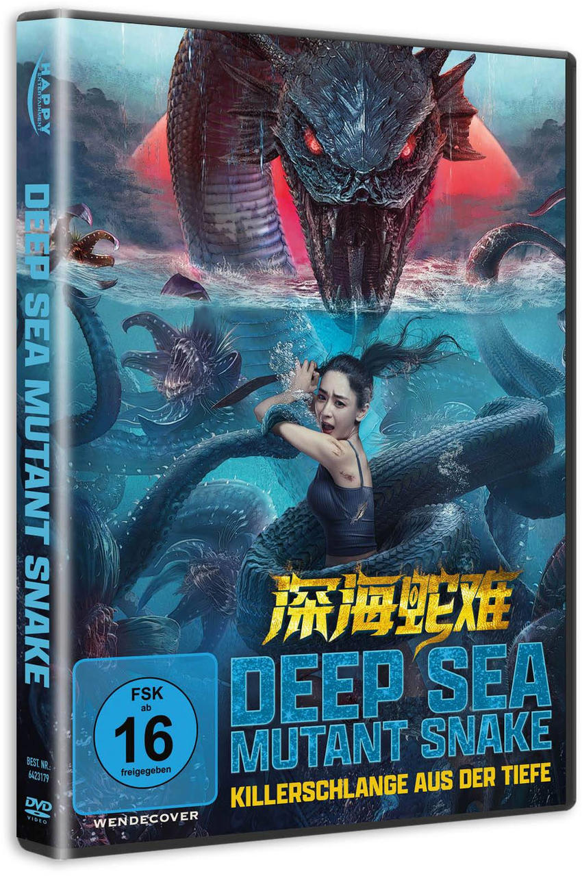 DVD-Cover für 'Deep Sea Mutant Snake' mit einer Frau und Meereskreaturen.