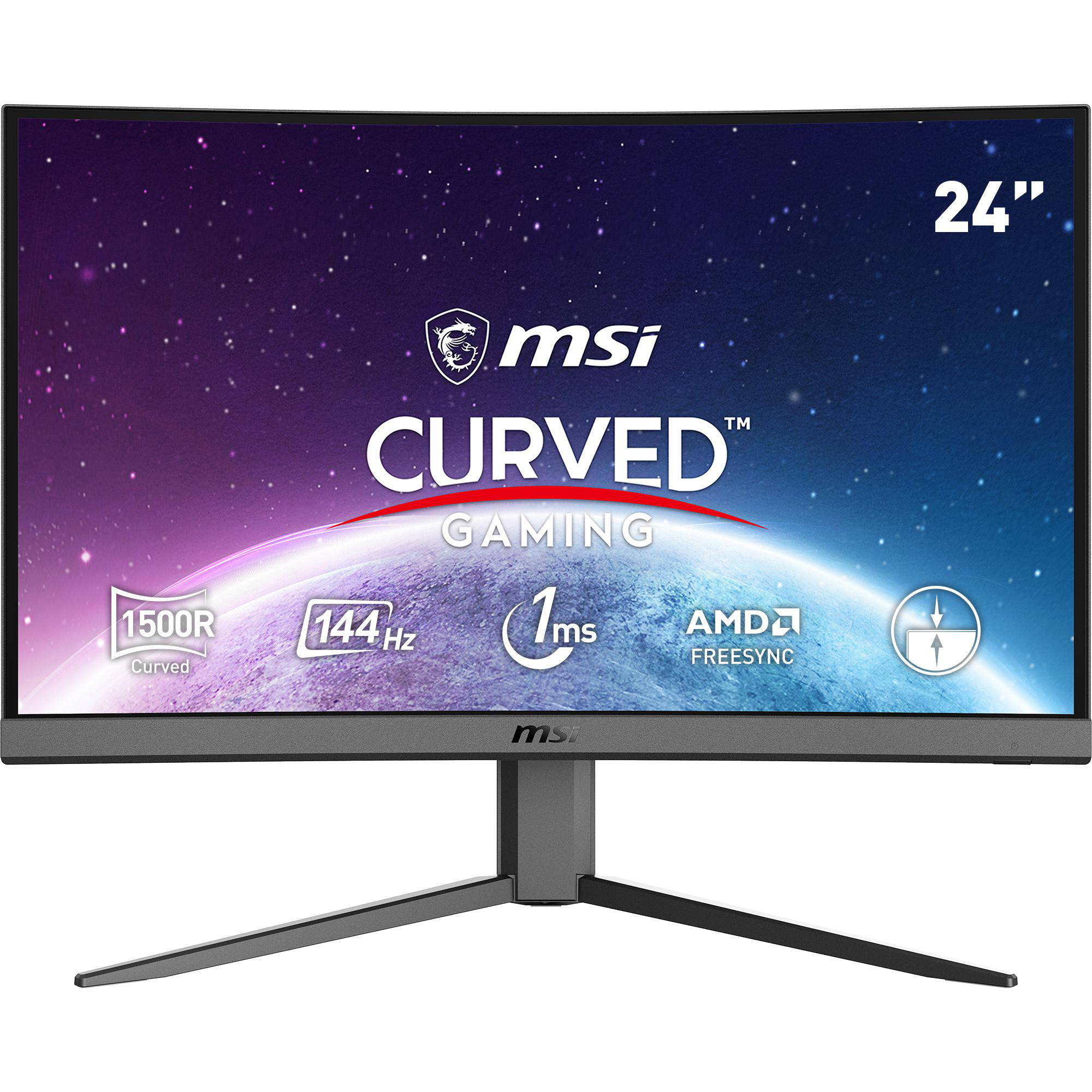 24-Zoll-MSI-Gaming-Monitor mit sternenklarem Hintergrund. Der Monitor hat einen schwarzen Ständer.