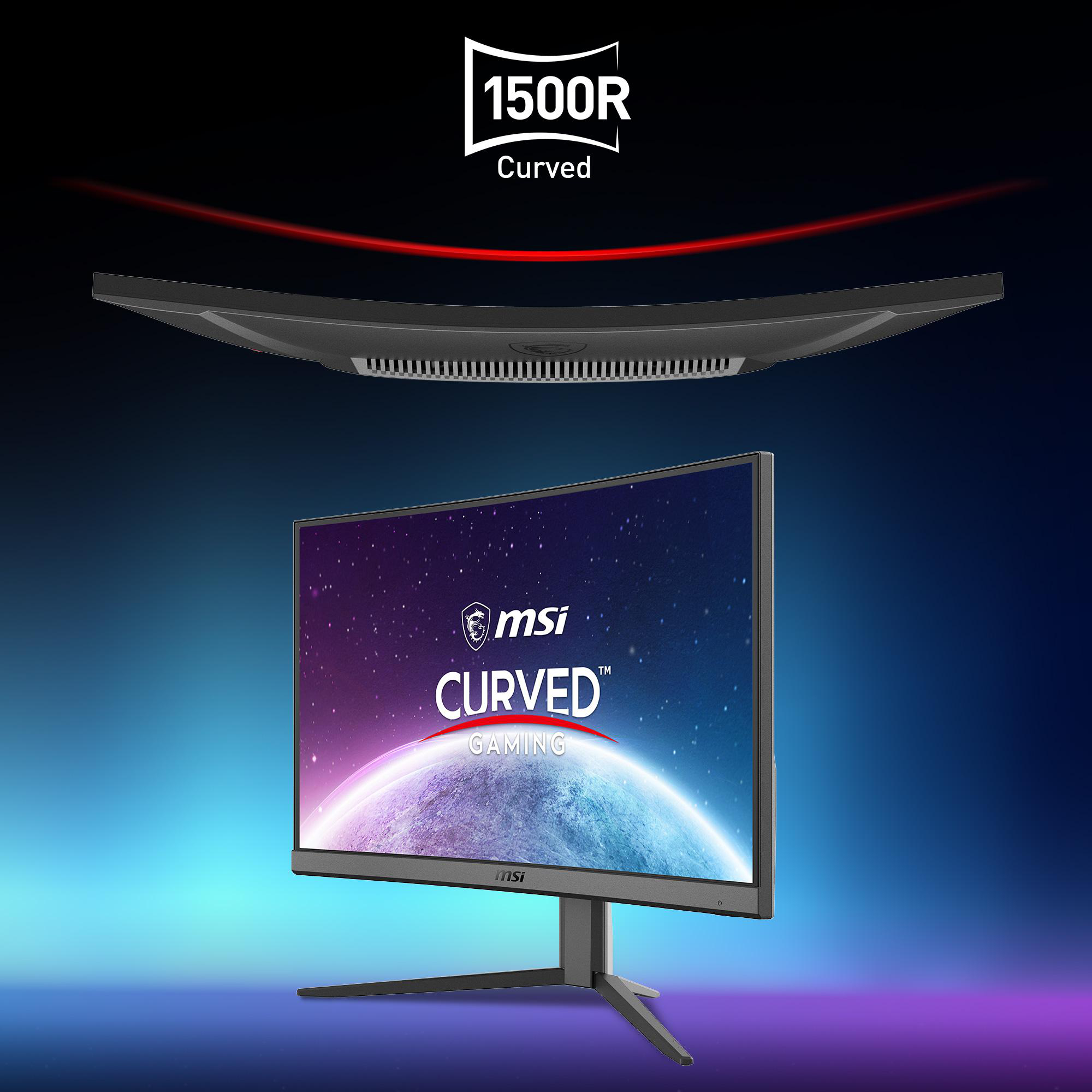 Gebogener Gaming-Monitor mit MSI-Logo, dunkler Hintergrund mit einem Planeten.