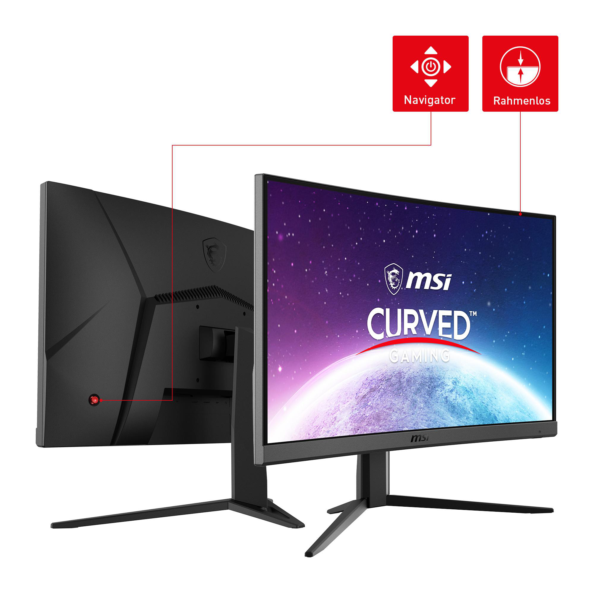 Zwei schwarze MSI Curved Gaming Monitore mit roten Akzenten, Sternenhimmel.