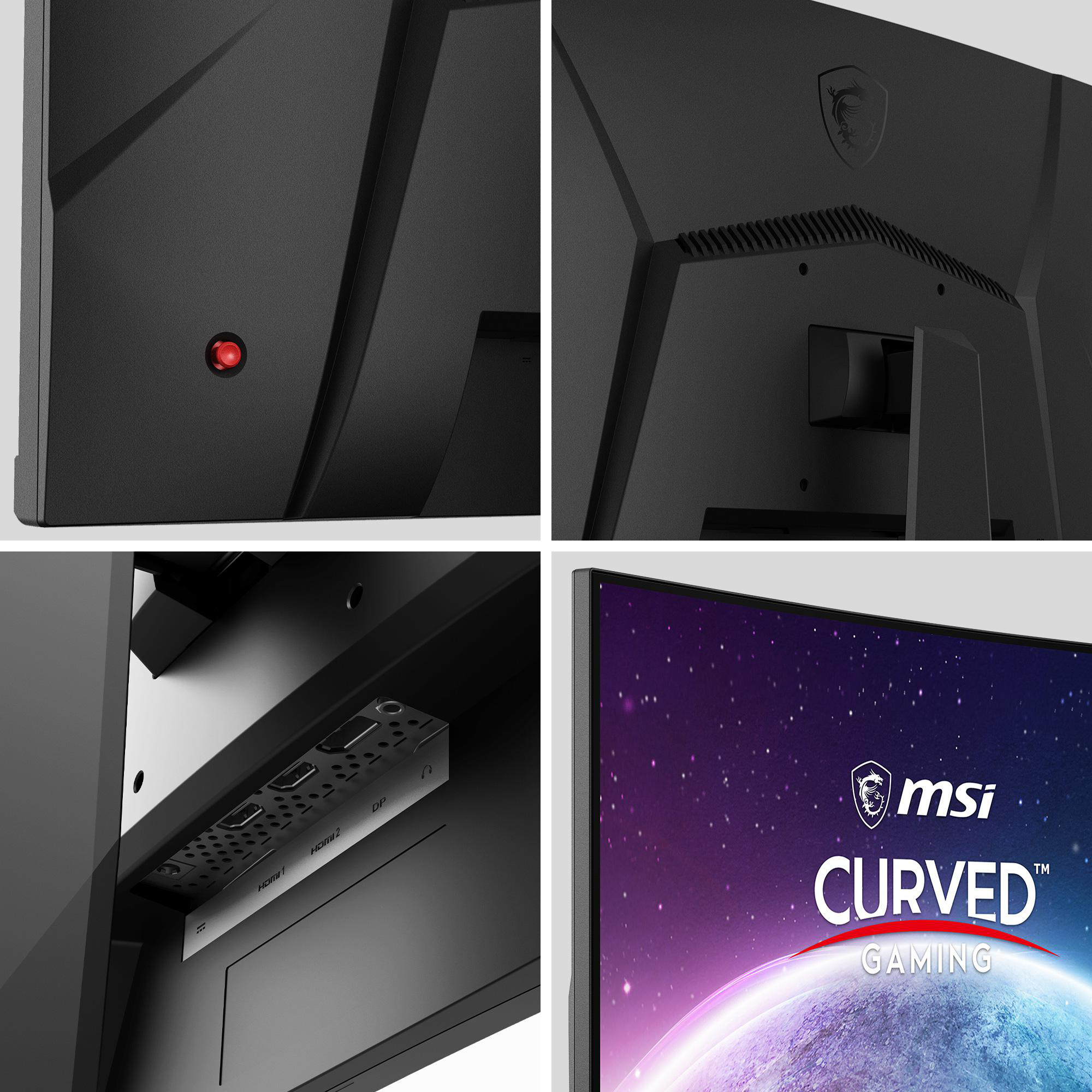 Nahaufnahmen eines Gaming-Monitors mit MSI-Branding und Anschlüssen.