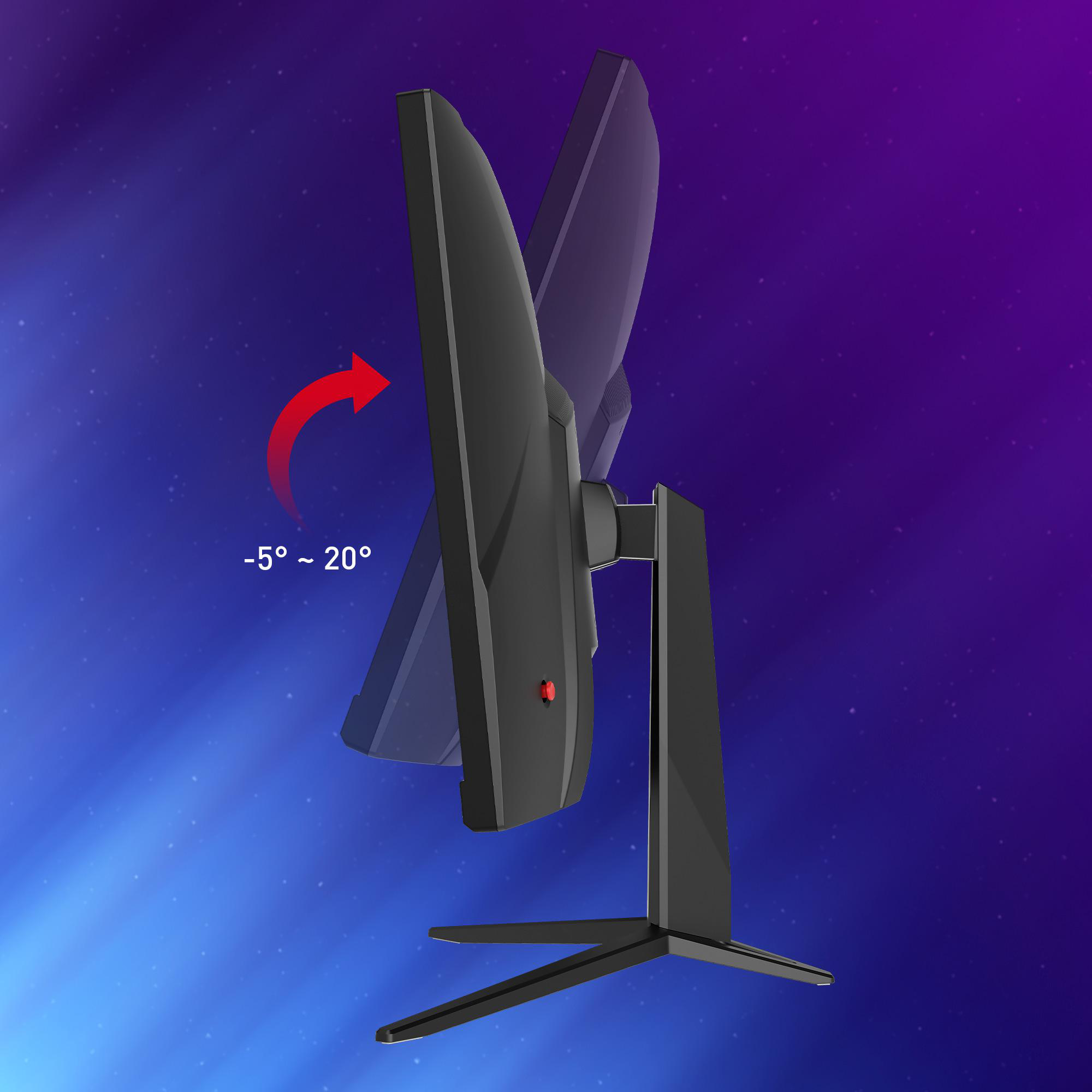 Schwarzer Computermonitor auf einem Ständer, leicht zur Seite geneigt, mit rotem Pfeil.