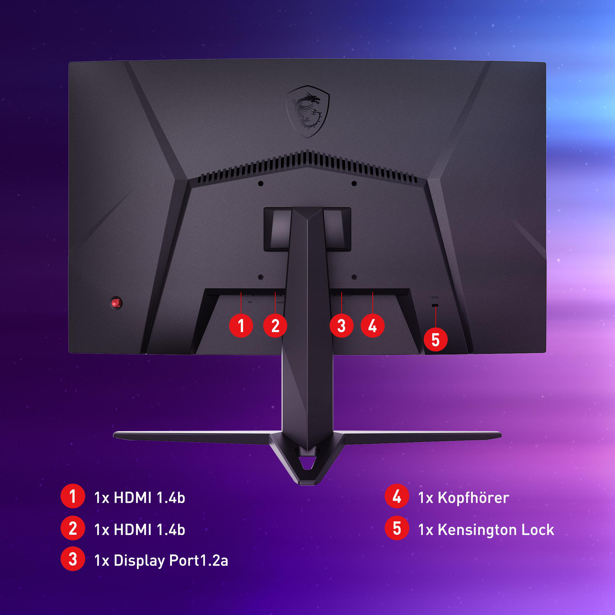 Rückseite eines schwarzen MSI-Monitors mit Anschlüssen und Ständer, mit farbenfrohem Hintergrund.