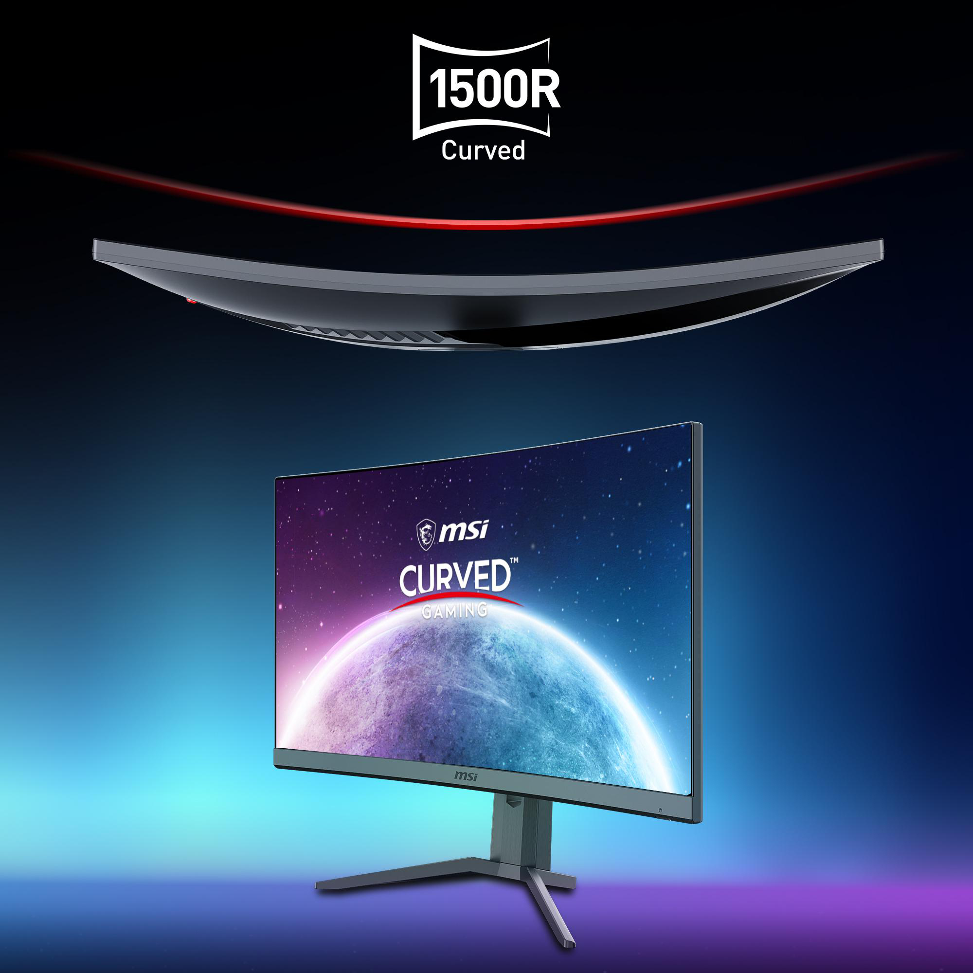Gebogener MSI-Gaming-Monitor, der eine Weltraumszene anzeigt, mit gewölbter Oberseite.