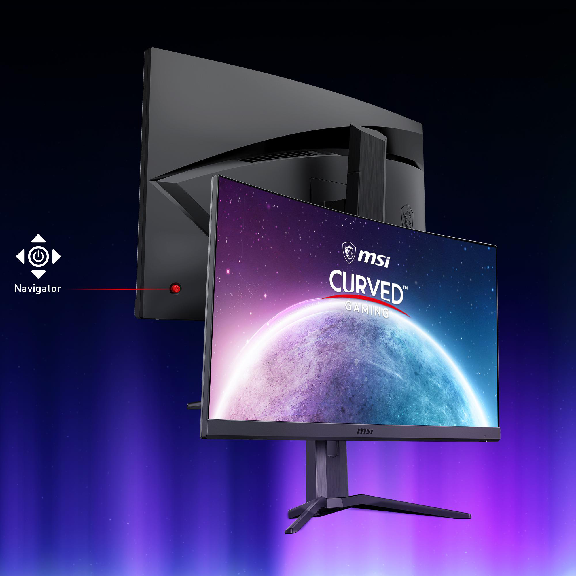 MSI Curved Gaming Monitor. Zeigt einen Planeten mit lila Nebelhintergrund. Navigator-Symbol links.