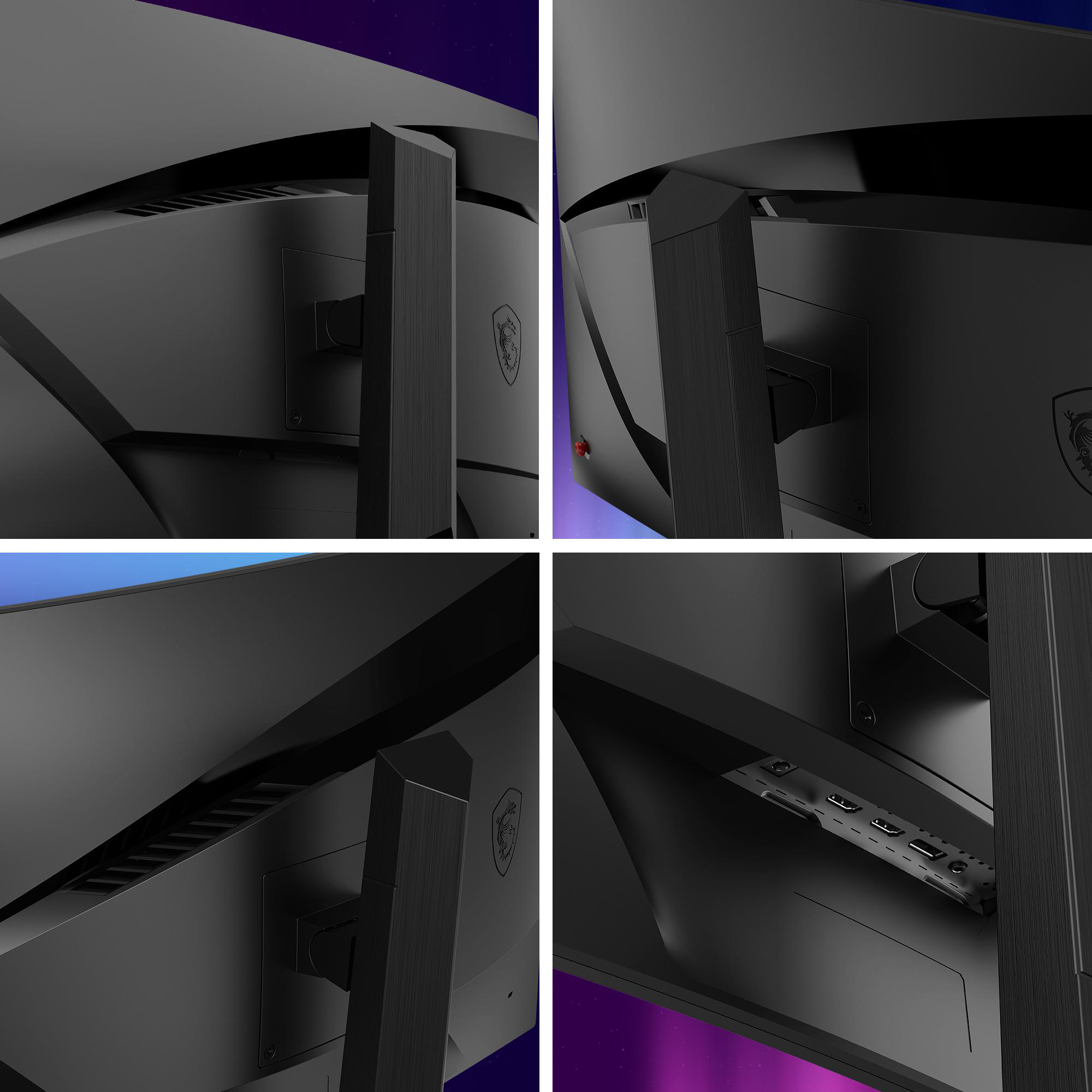 Nahaufnahmen der Rückseite eines gebogenen schwarzen Monitors mit dem MSI-Logo.