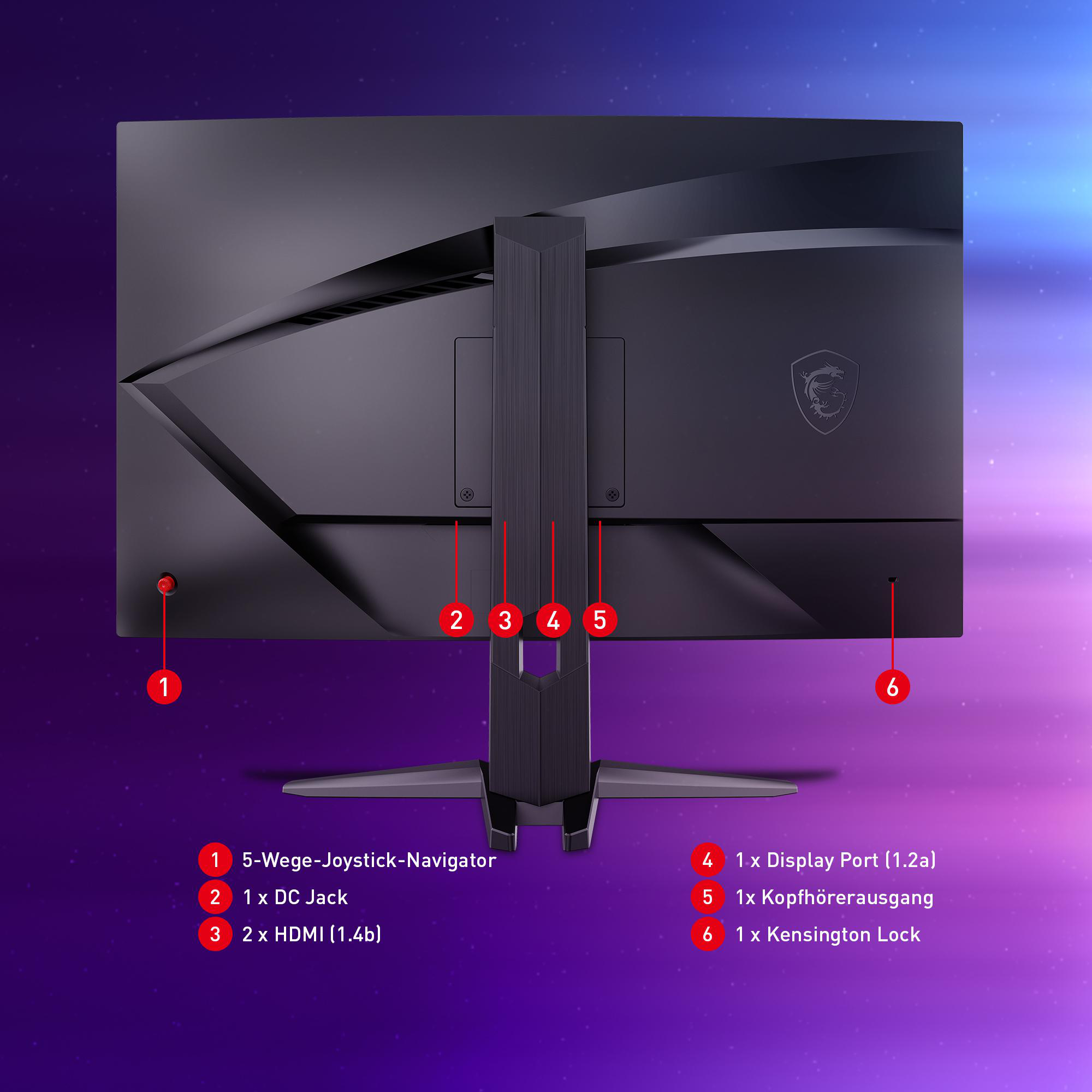 Rückseite eines Monitors mit Anschlüssen und Beschriftungen. Mit MSI-Logo und Anschlussoptionen.
