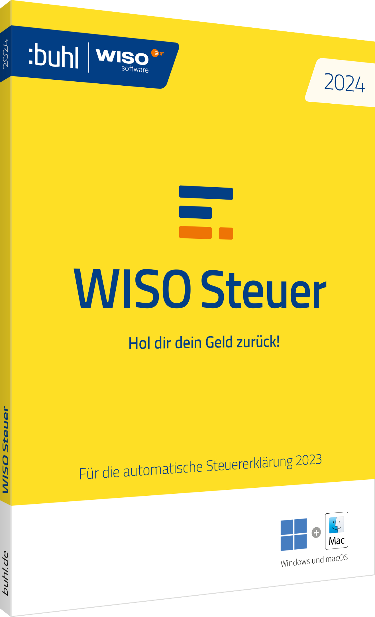Eine gelb-weiße Softwarebox mit dem Titel 'WISO Steuer 2024', mit Text und Logos.