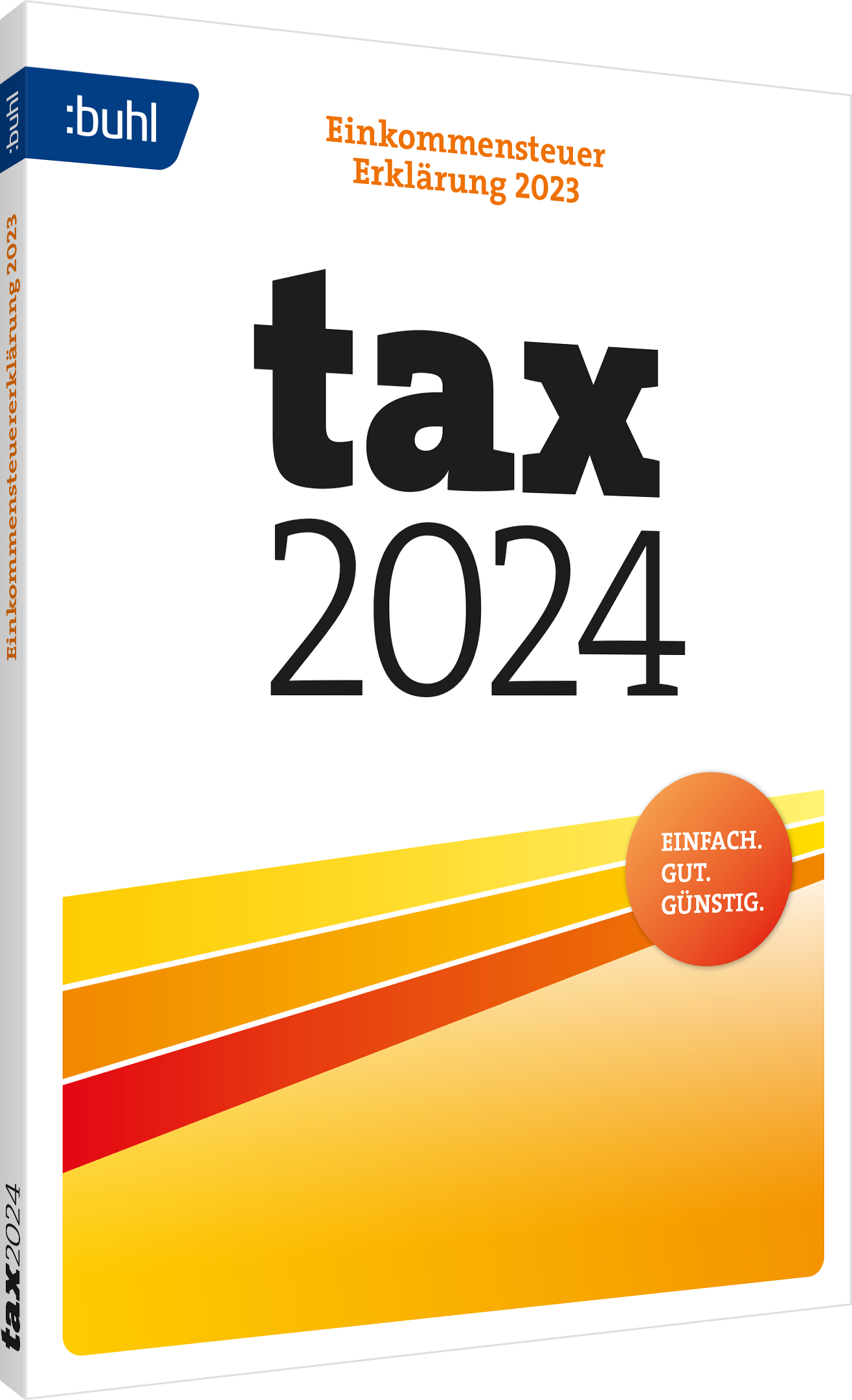 Buchcover mit 'tax 2024' in großen schwarzen Buchstaben. Es hat ein Logo und einen orange-gelben Farbverlauf.