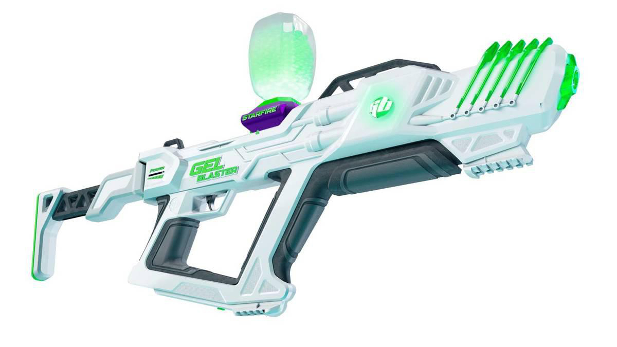 Weiße und grüne Gel Blaster-Pistole mit einem transparenten, grünen Wasserbehälter oben.