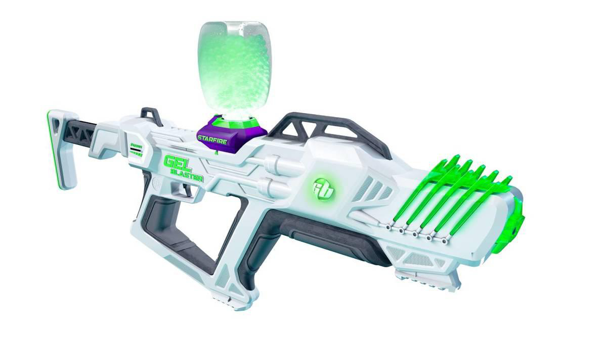 Weiß-grüne Gel Blaster Spielzeugpistole mit Gelkugel-Reservoir.