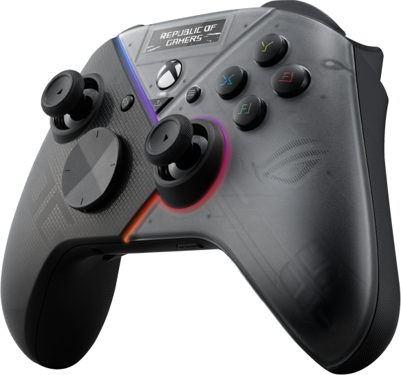 Schwarzer und grauer ROG Xbox-Controller. Hat Knöpfe, Joysticks und das ROG-Logo.
