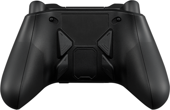 Schwarzer Gamecontroller mit Knöpfen auf der Rückseite. Der Controller liegt auf einer dunklen Oberfläche.