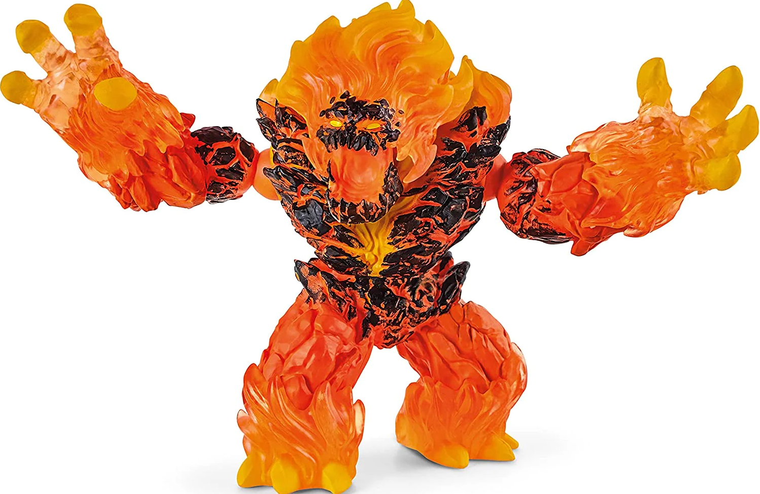 Orange-schwarzes Monstermodell mit feurigen Details, Arme ausgestreckt. Weißer Hintergrund.