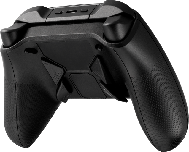Schwarzer Controller mit Knöpfen auf der Rückseite, darunter R1, R2 und ein paar mehr.