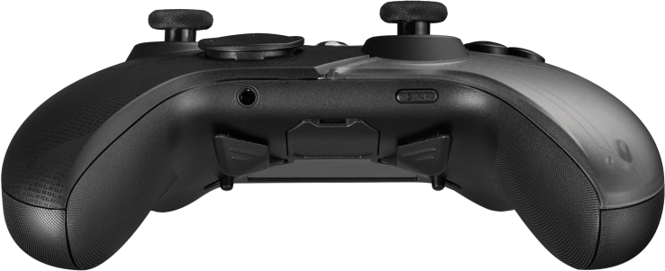 Schwarzer Gamecontroller mit zwei Joysticks und Tasten.
