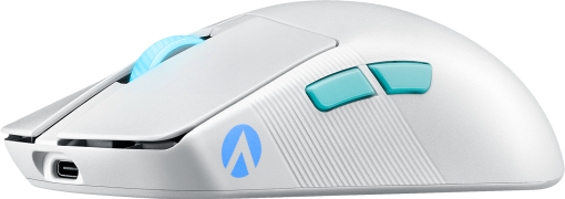 Weiße und blaue Gaming-Maus mit Tasten.
