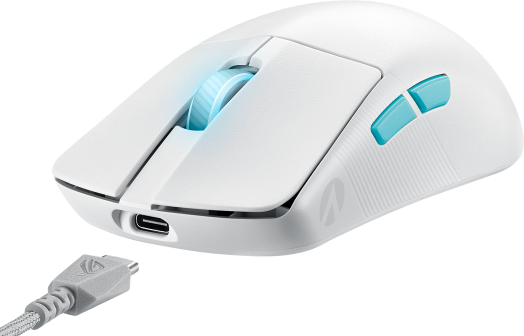 Weiße Gaming-Maus mit blauen Akzenten. Ein Kabel mit USB-C-Anschluss ist verbunden.