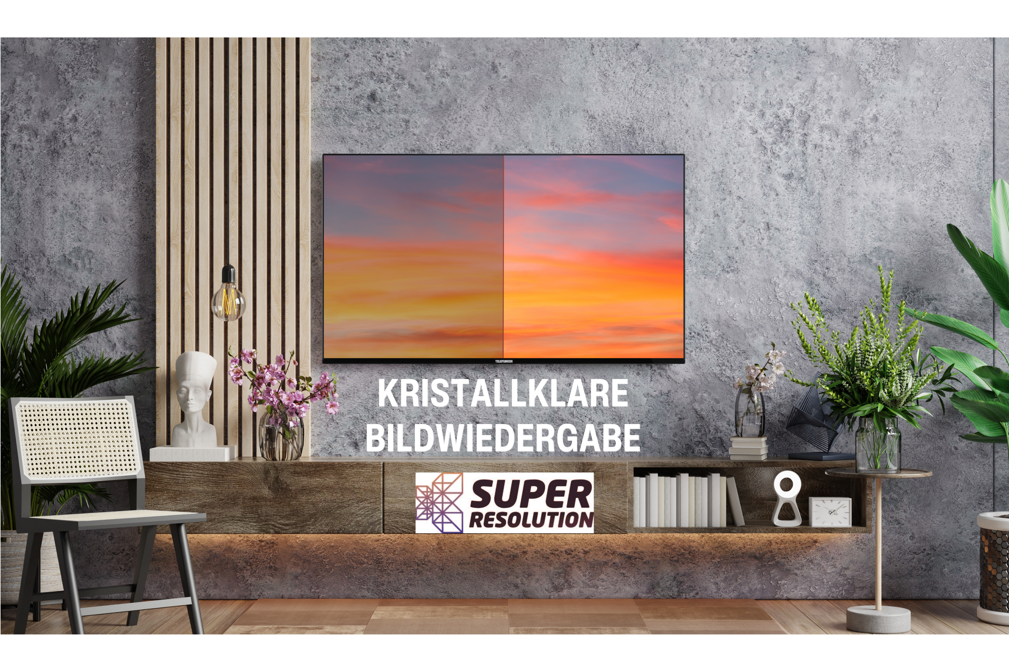 Wohnzimmer mit TV, das eine Sonnenuntergangsszene zeigt, Text an der Wand.
