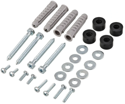 Hardware-Kit mit Schrauben, Dübeln und Unterlegscheiben, auf weißer Oberfläche.