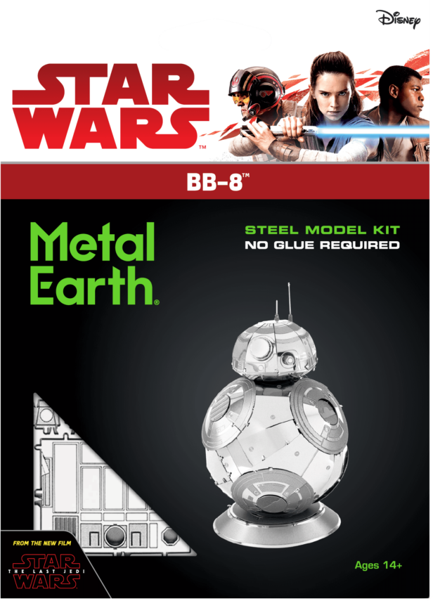 Star Wars Metal Earth modellkészlet csomagolása. A BB-8 robotmodell látható. Fekete háttér.