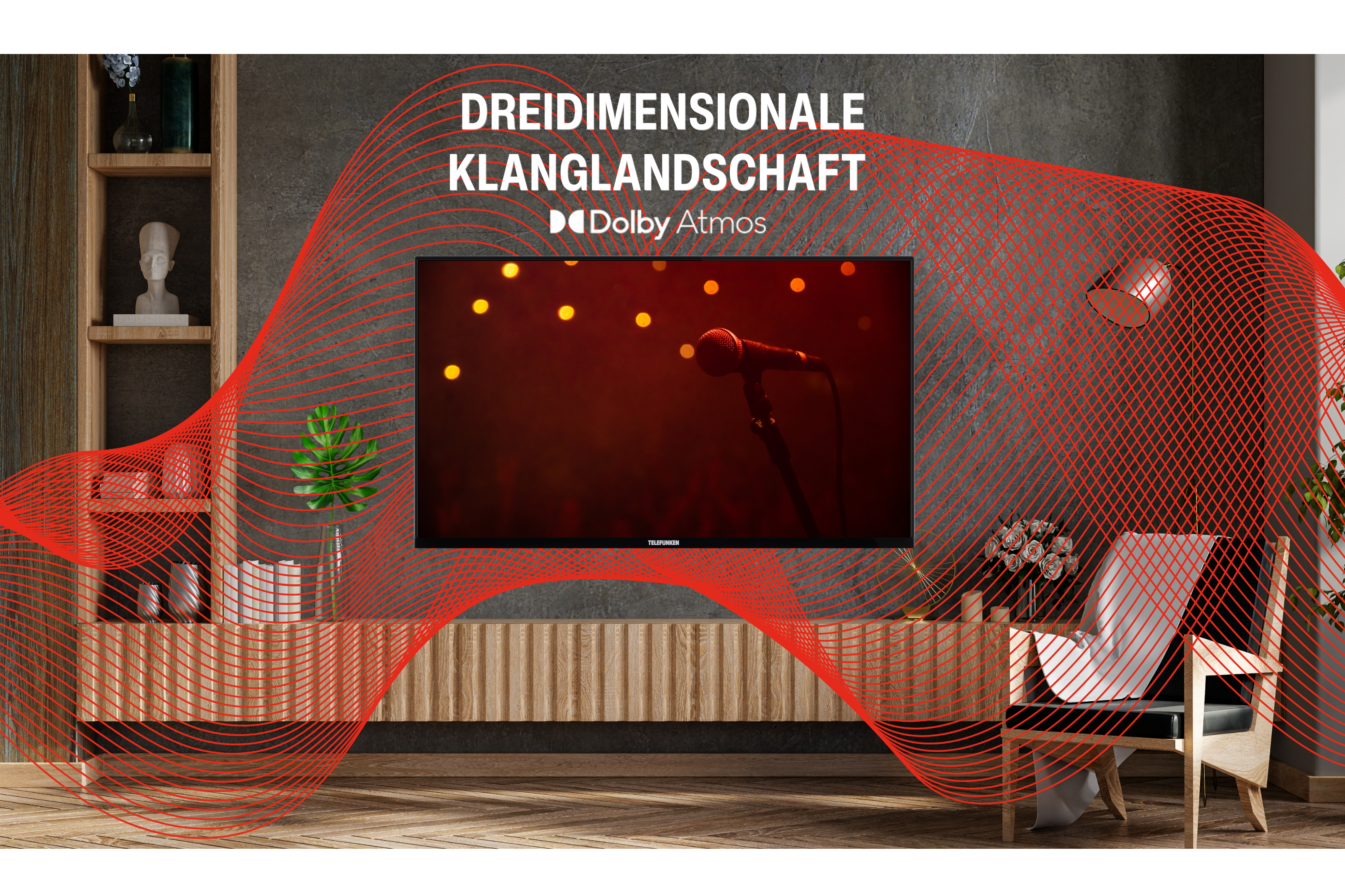 TV-Bildschirm in einem Wohnzimmer. Rote Schallwellen-Grafiken.