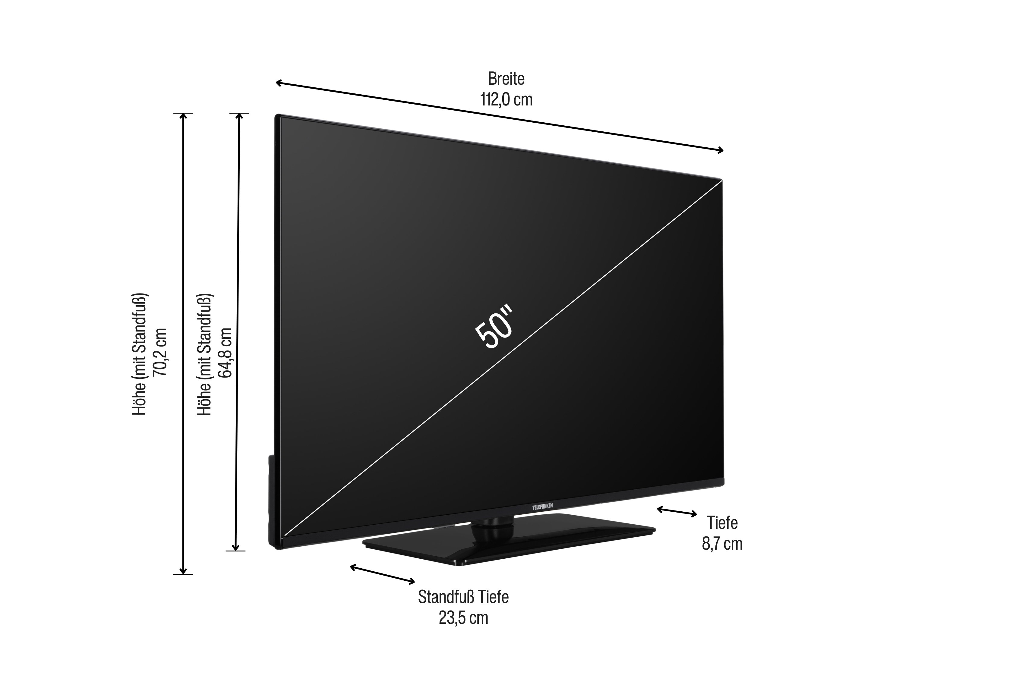 Ein schwarzer 50-Zoll-Fernseher mit Abmessungen in Zentimetern beschriftet.