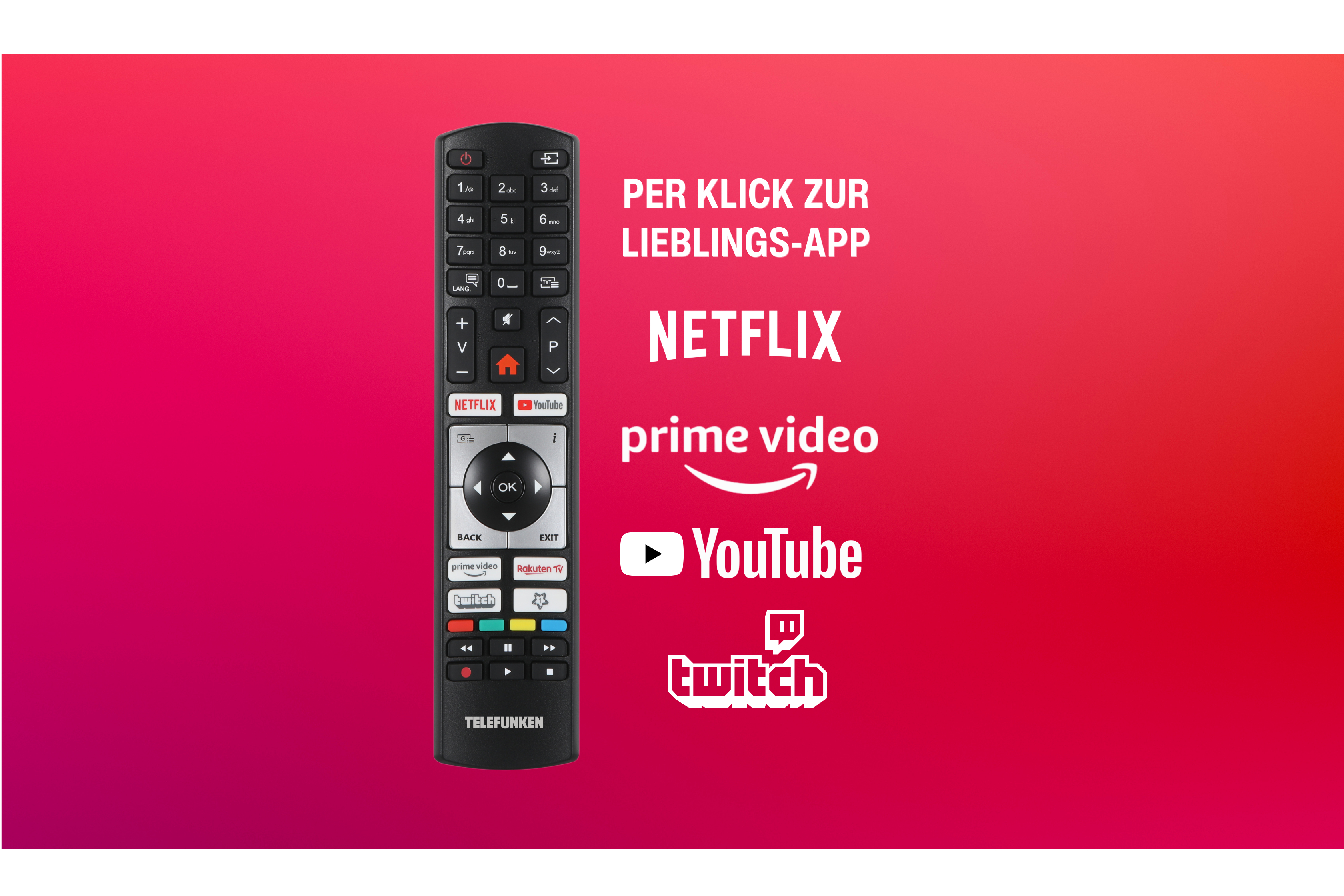 TV-Fernbedienung mit Netflix-, Prime Video-, YouTube- und Twitch-Logos.