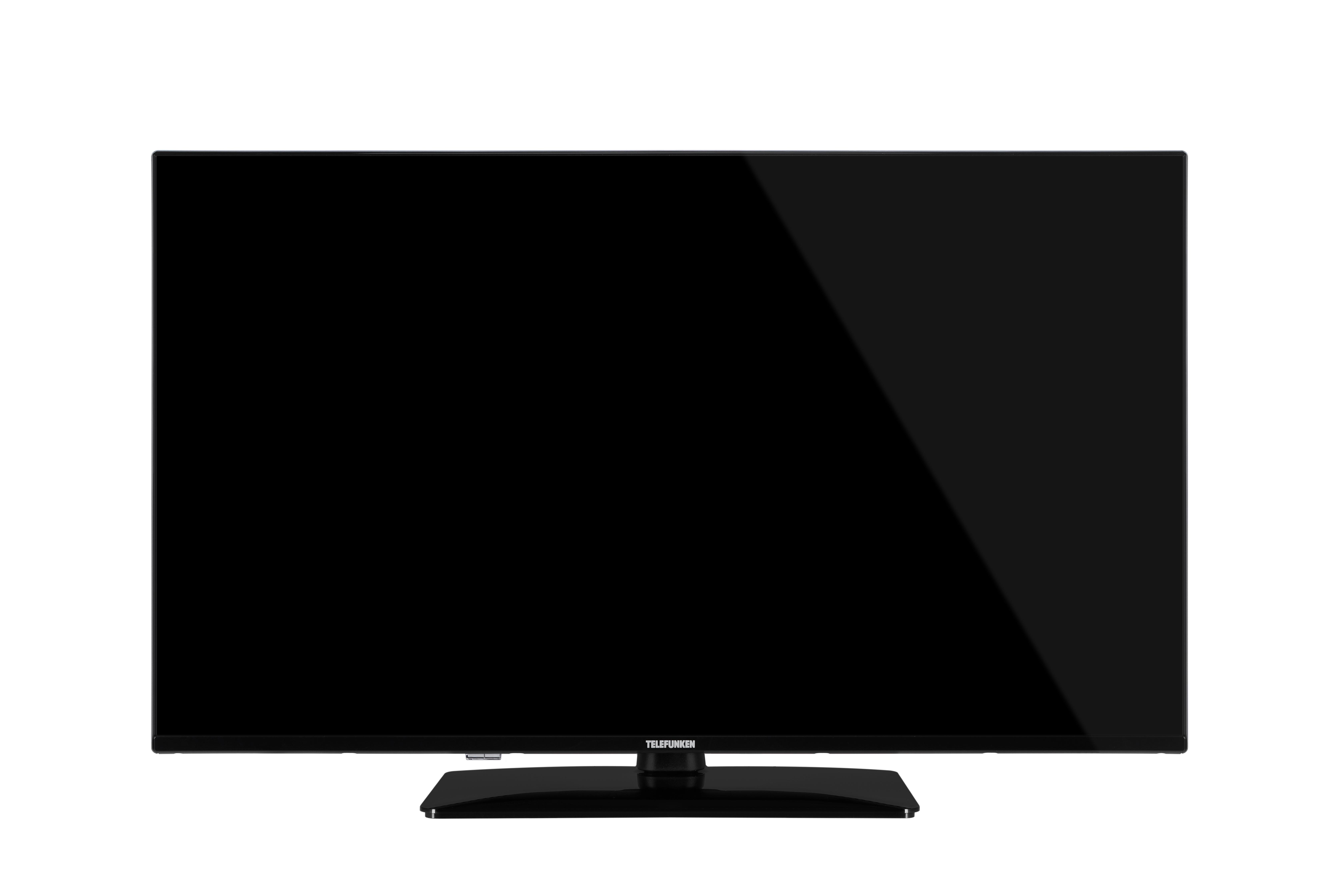 Schwarzer Flachbildfernseher auf weißem Hintergrund.