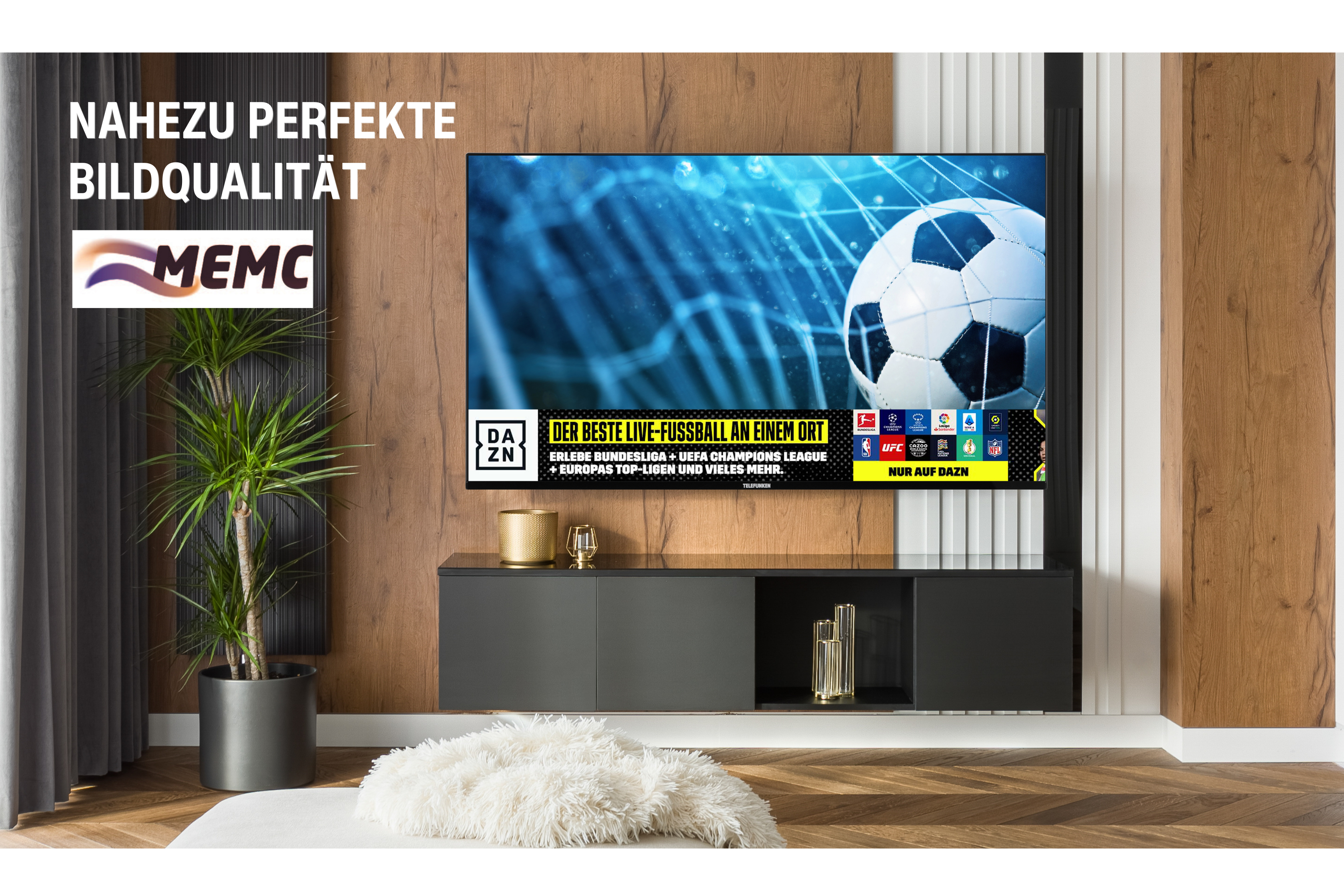 Fernseher an einer Holzwand, der ein Fußballspiel zeigt. Text auf Deutsch: 'Nahezu perfekte Bildqualität'.
