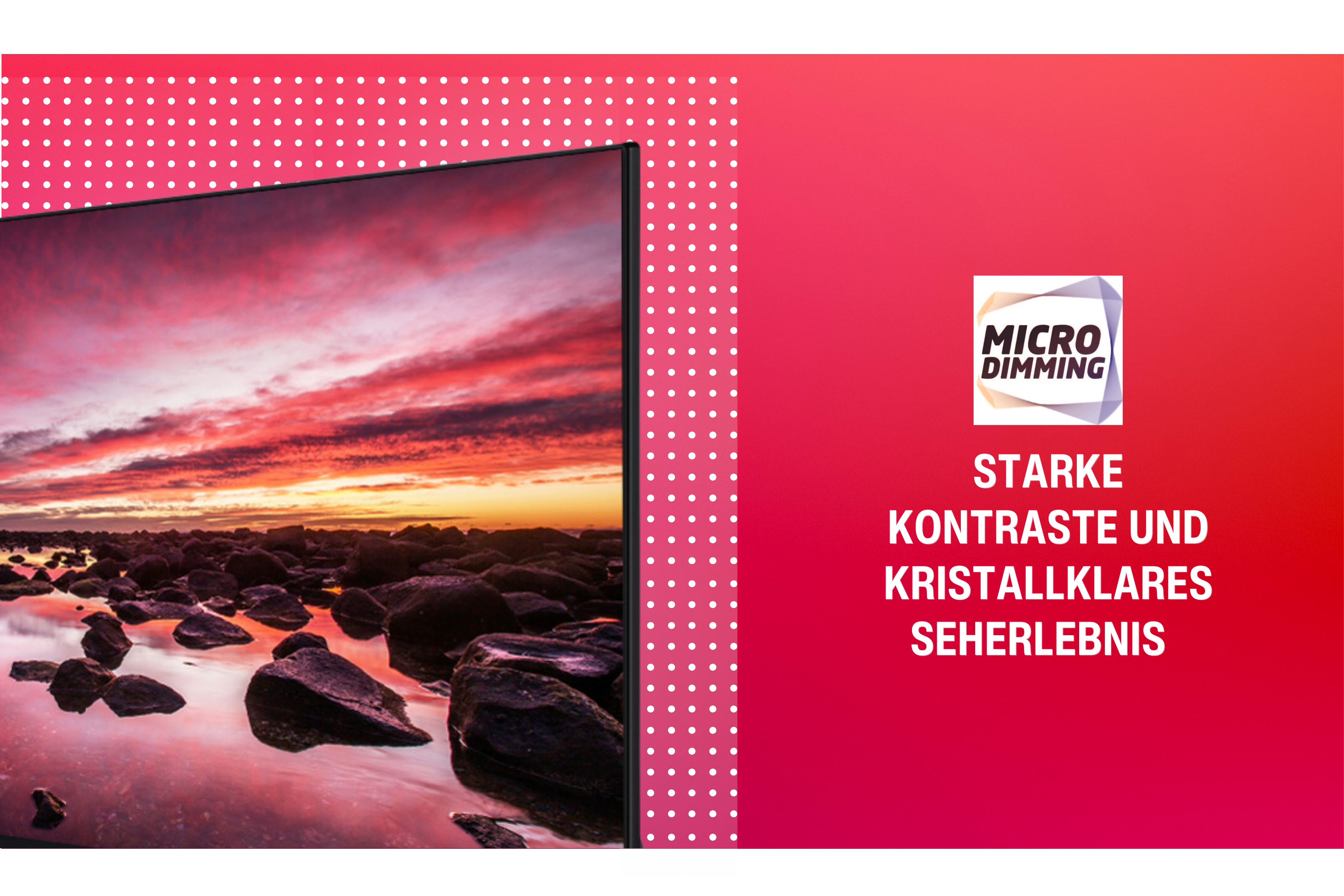 Ein Fernsehbildschirm mit einem Sonnenuntergangsbild und Text auf Deutsch: 'Starke Kontraste und kristallklares Seherlebnis'.