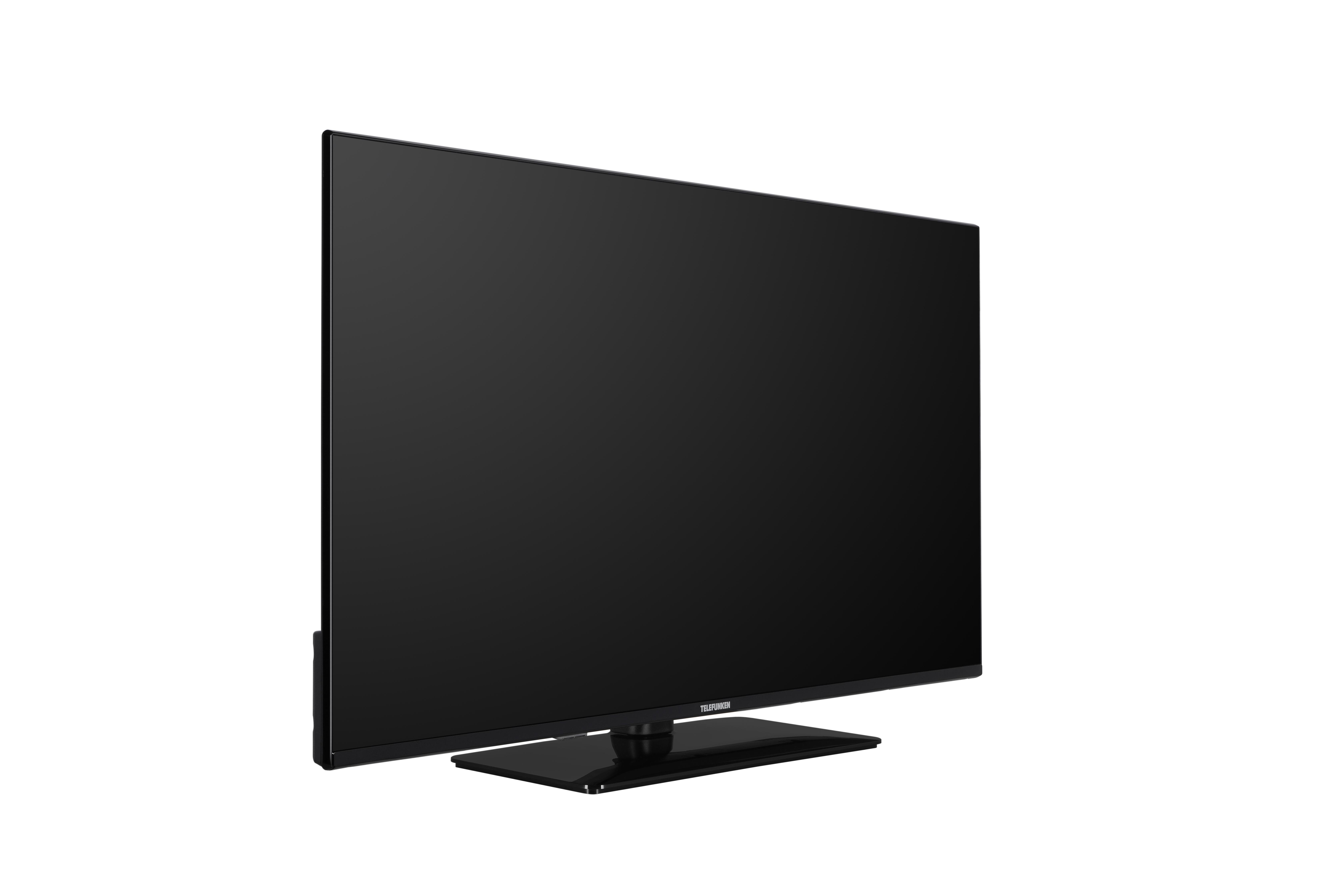 Schwarzer Fernseher von der Seite. Flachbildschirm und dünner Rahmen.