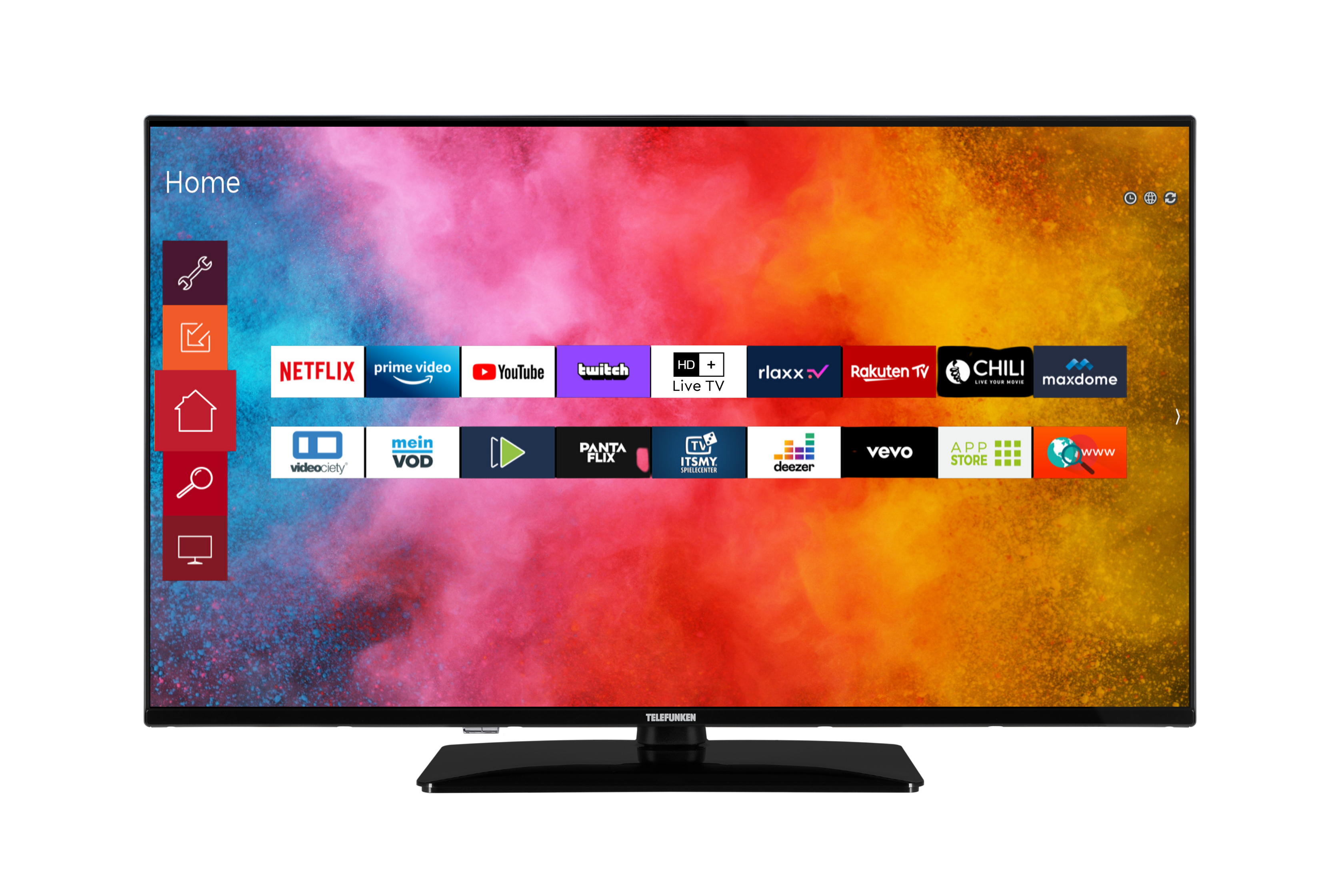 Ein Flachbildfernseher, der verschiedene Streaming-App-Symbole auf farbenfrohem Hintergrund anzeigt.