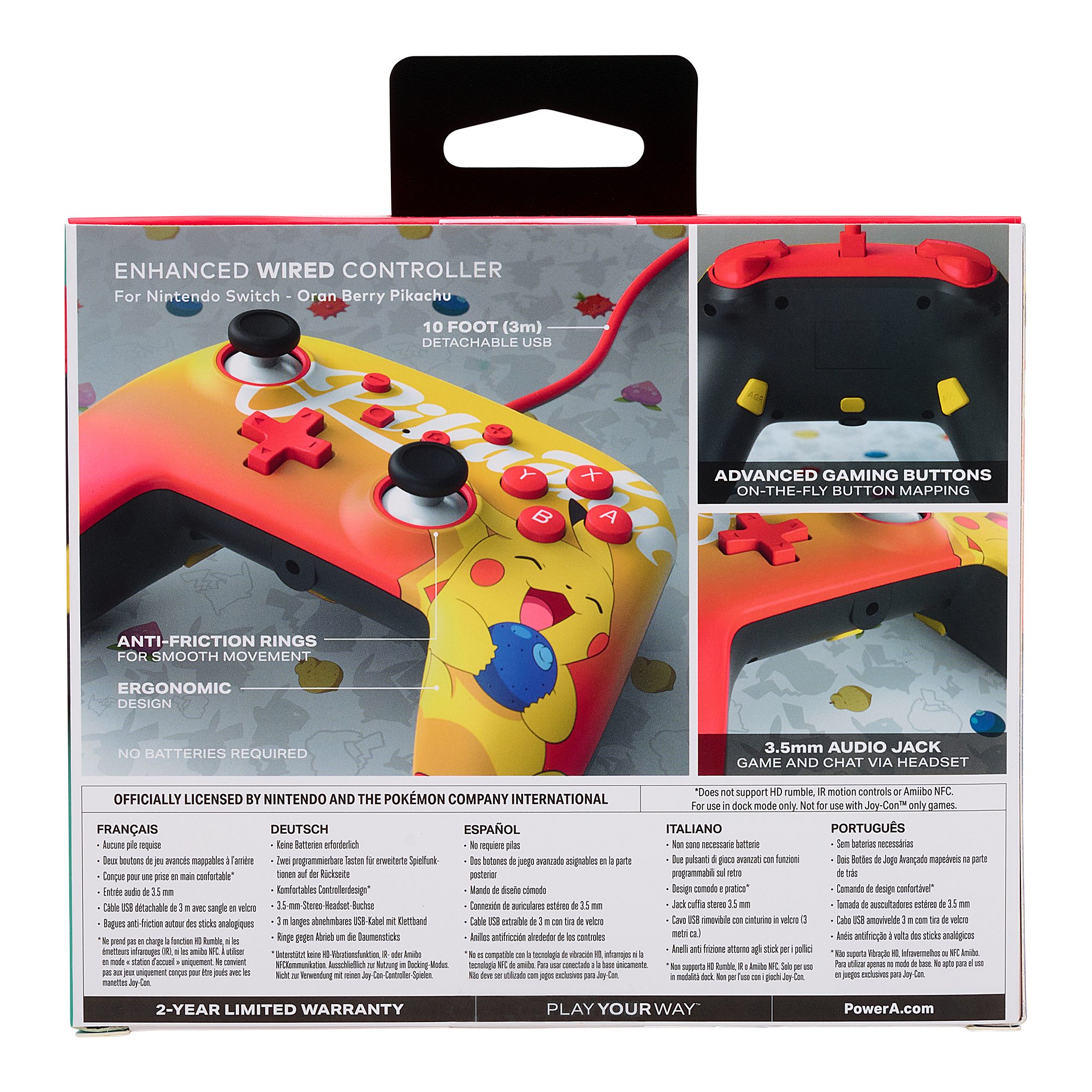 Die Rückseite eines Pikachu-Controllers. Der Text lautet: Enhanced Wired Controller.