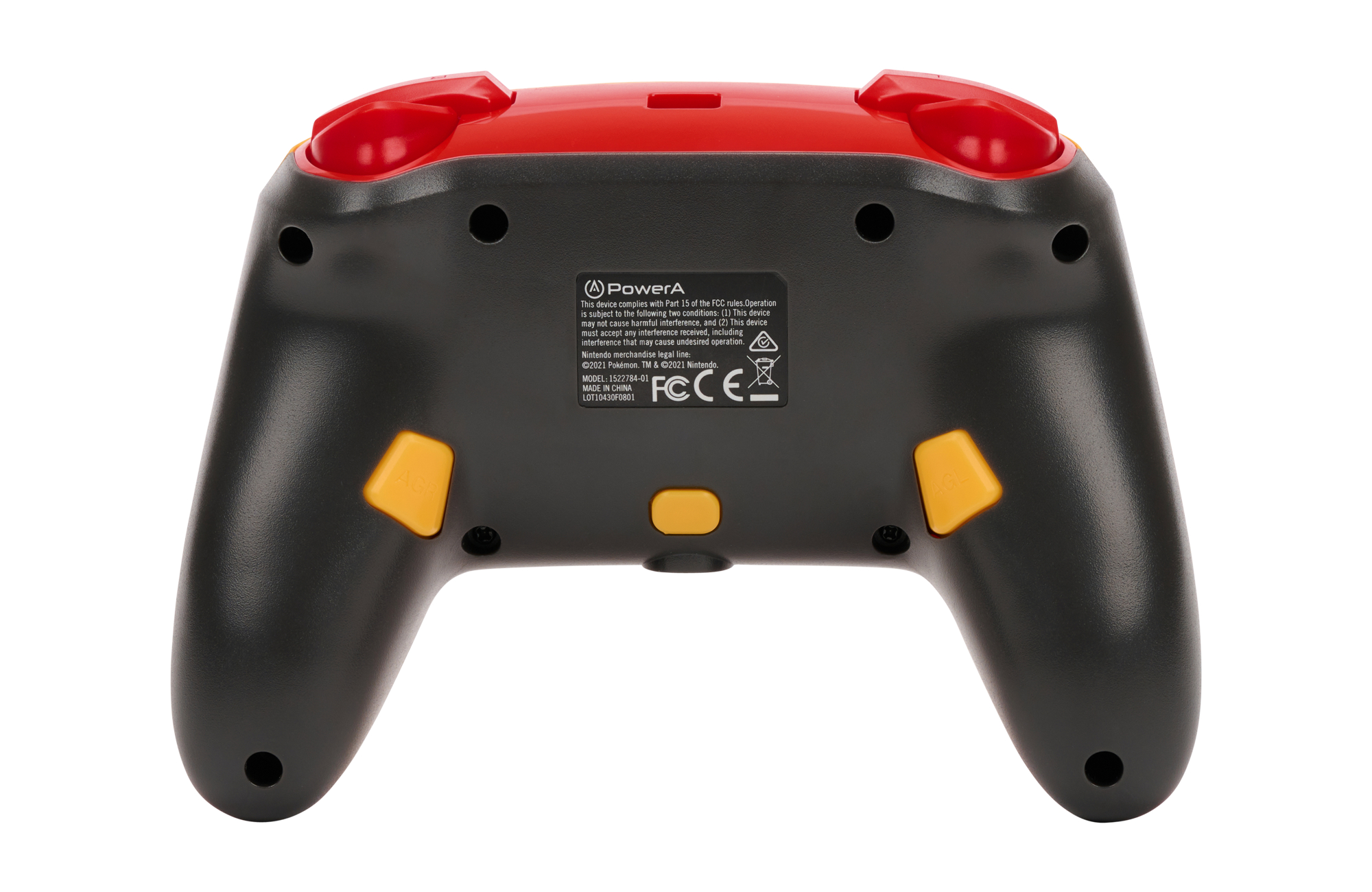 Rückansicht eines schwarzen und roten PowerA-Controllers mit gelben Akzenttasten.