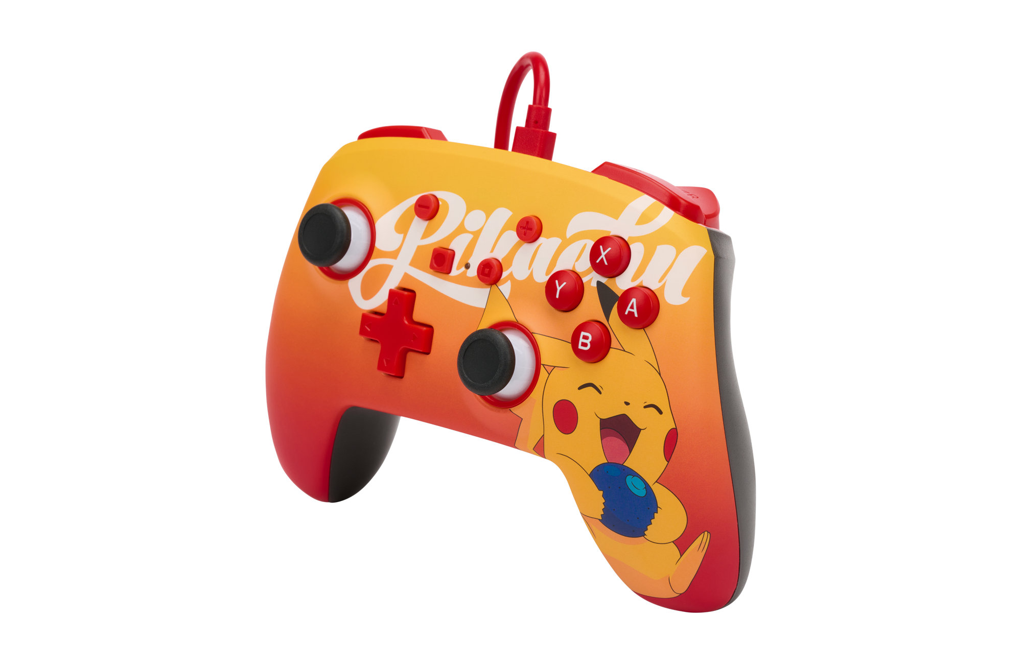 Ein Gamecontroller im Pikachu-Design, orange und rot mit Pikachu-Kunst und Knöpfen.