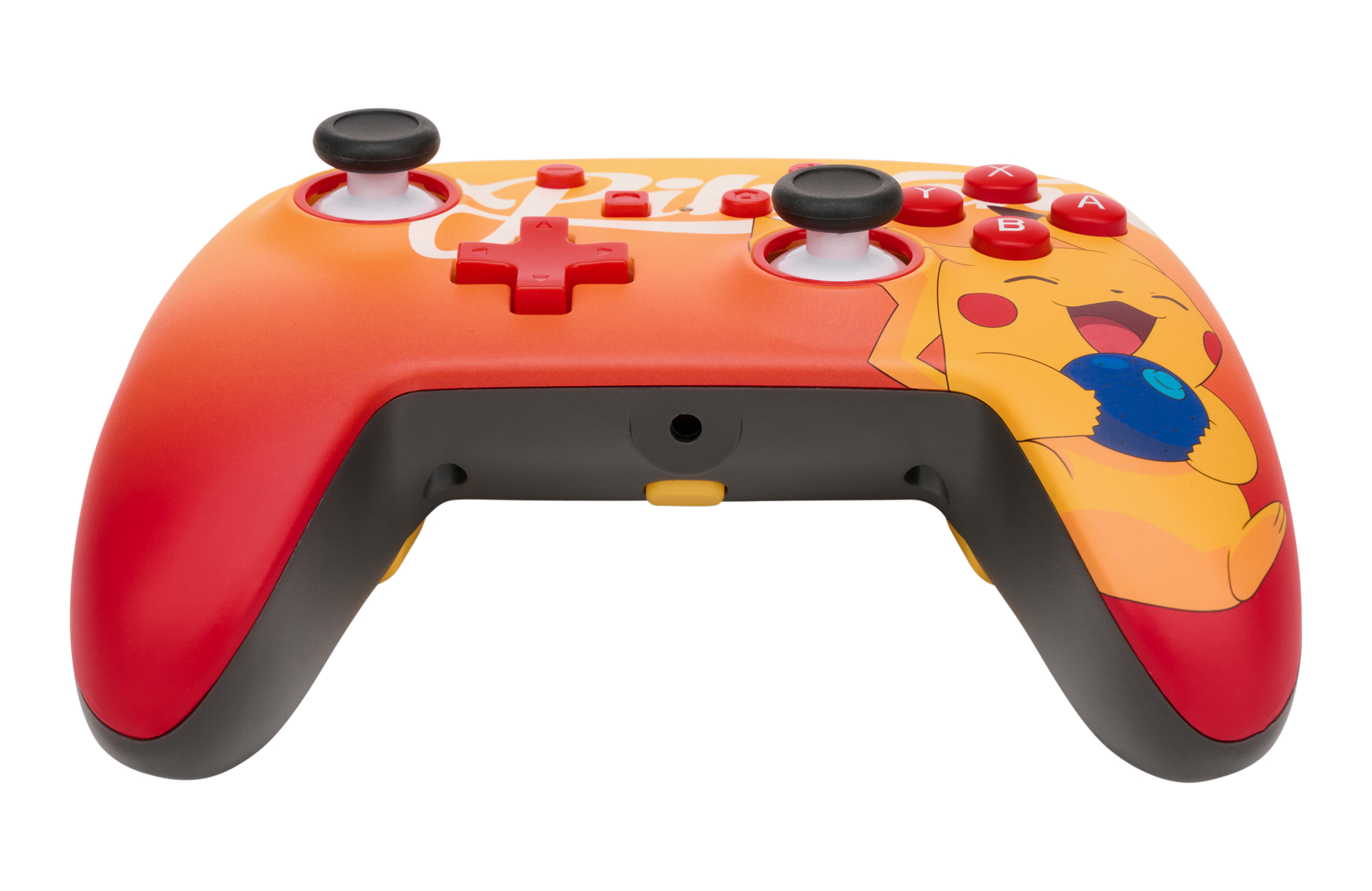 Orange-roter Nintendo Switch Controller. Pikachu-Design mit gelben Knöpfen und schwarzen Joysticks.