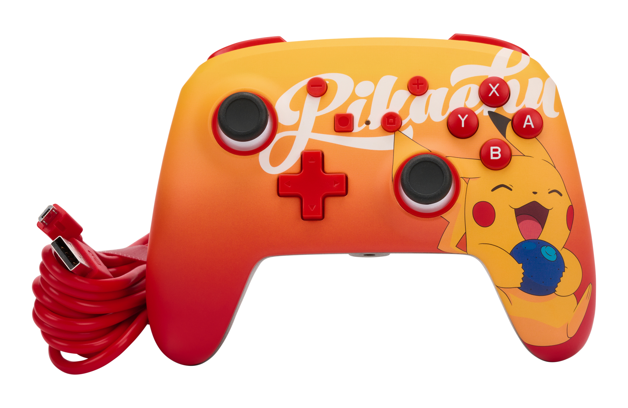 Orange-gelber Pikachu-Controller. Rote Knöpfe und rotes Kabel sichtbar.